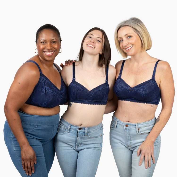 moms wearing nursing and pumping bras lace hands free wireless