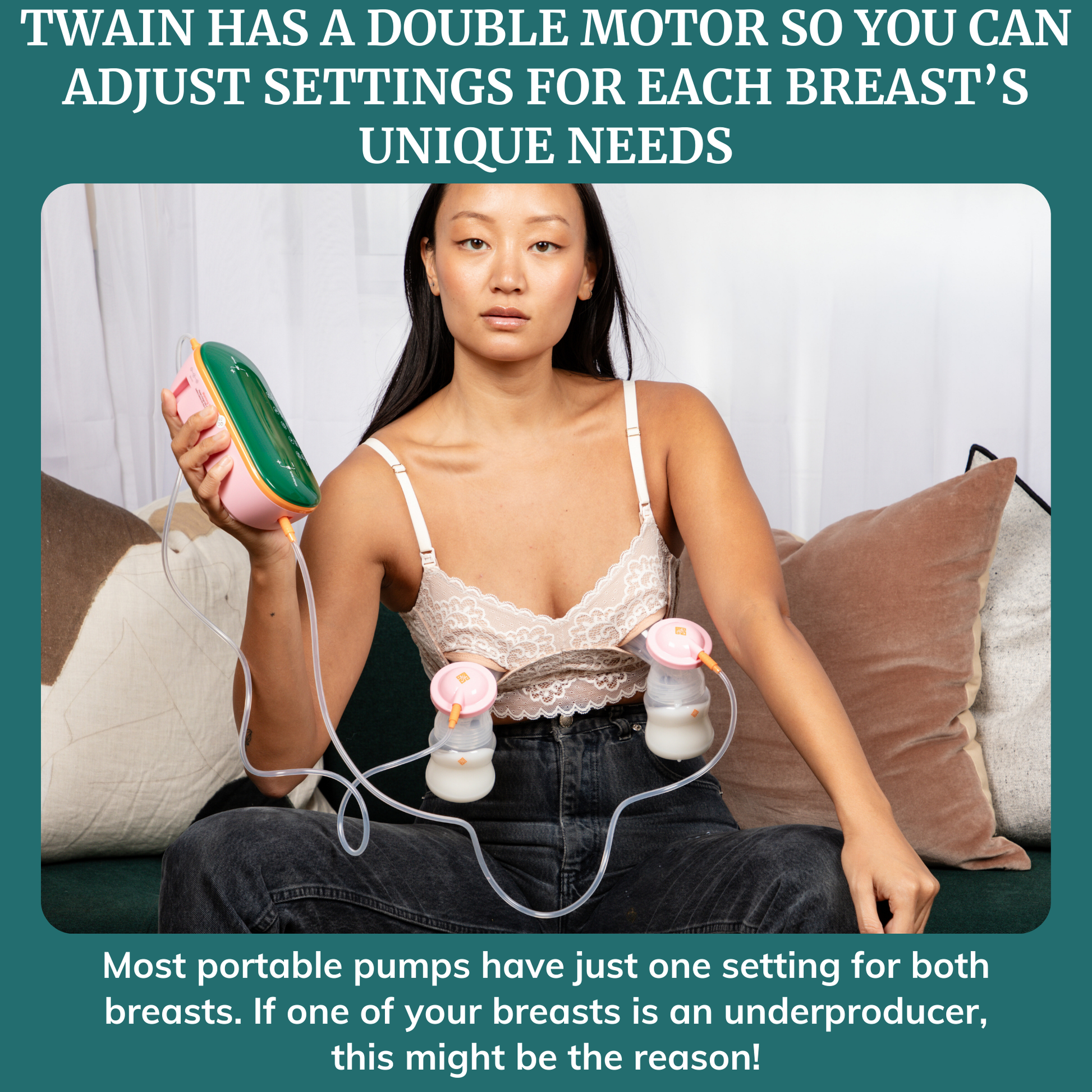 Portable Breast Pump - Twain dual motor allows personalized settings for each breast's unique needs.