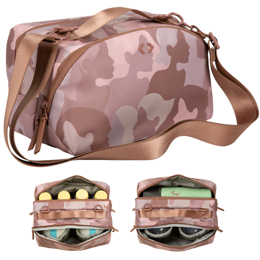 Camouflage-patterned bag with brown straps for wearable pumps, with open zipper to reveal compartments.