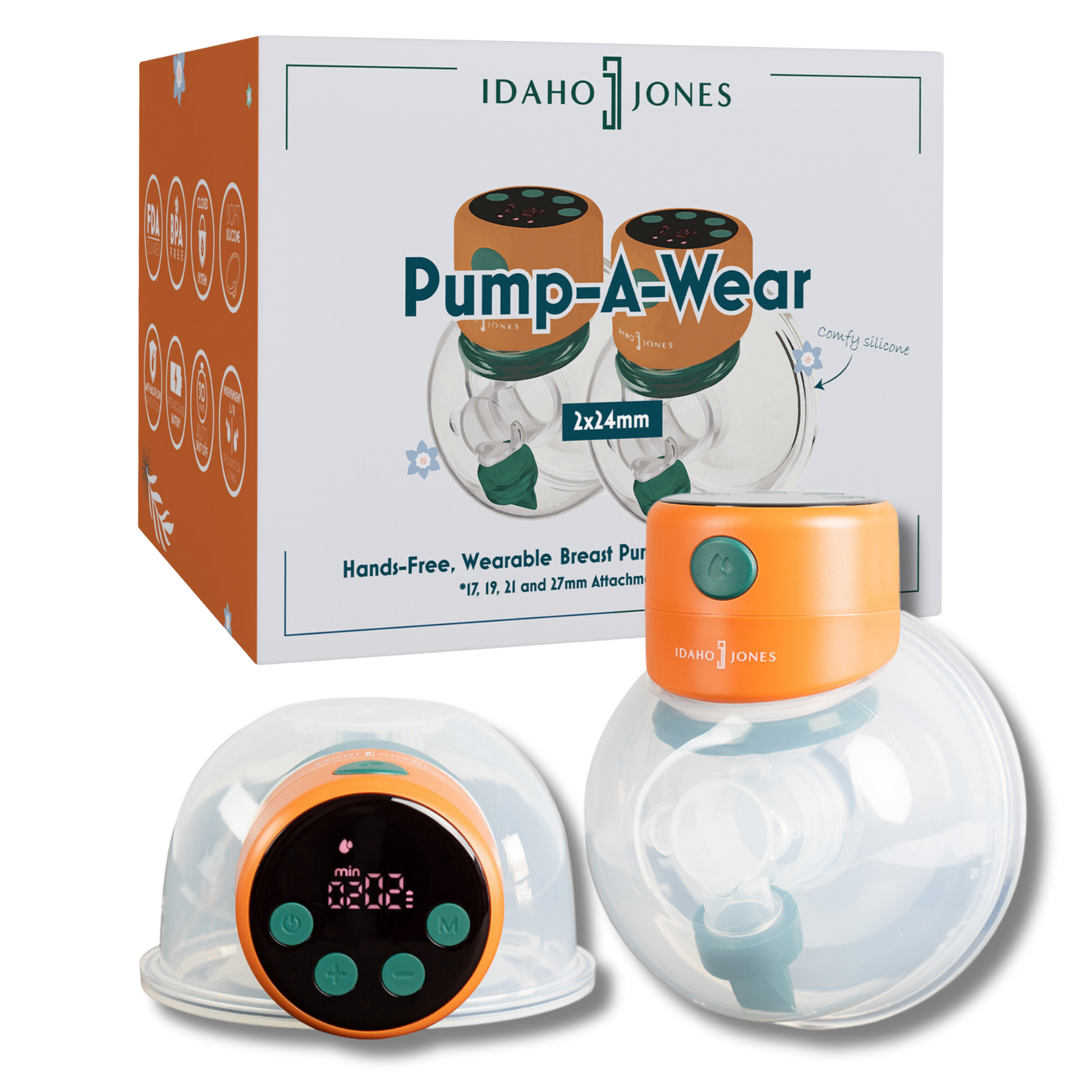 Wearable breast pump Pump-A-Wear by Idaho Jones, featuring dual cups for hands-free pumping and digital controls.