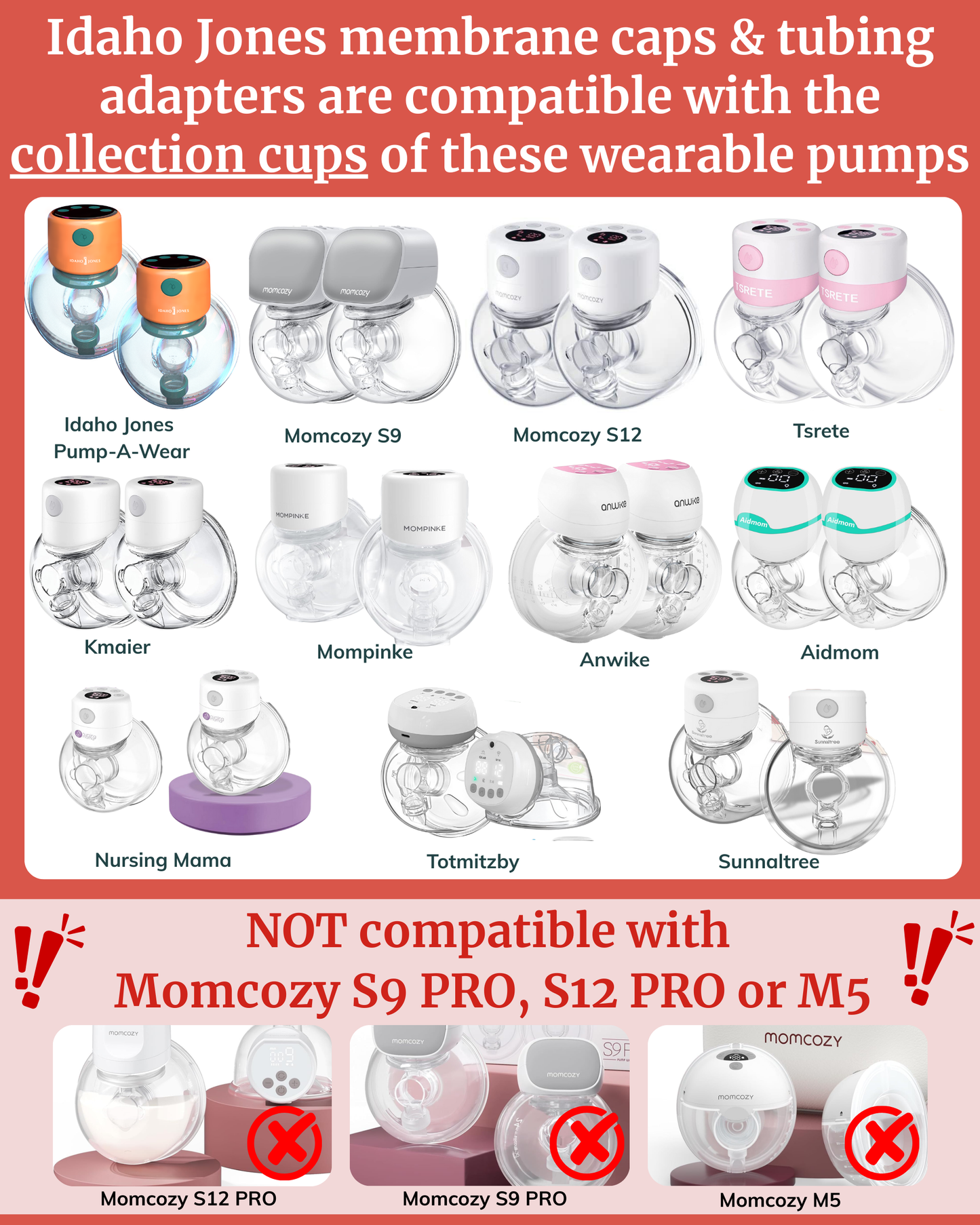 Idaho Jones membrane caps for wearable pumps compatible with various breast pumps.