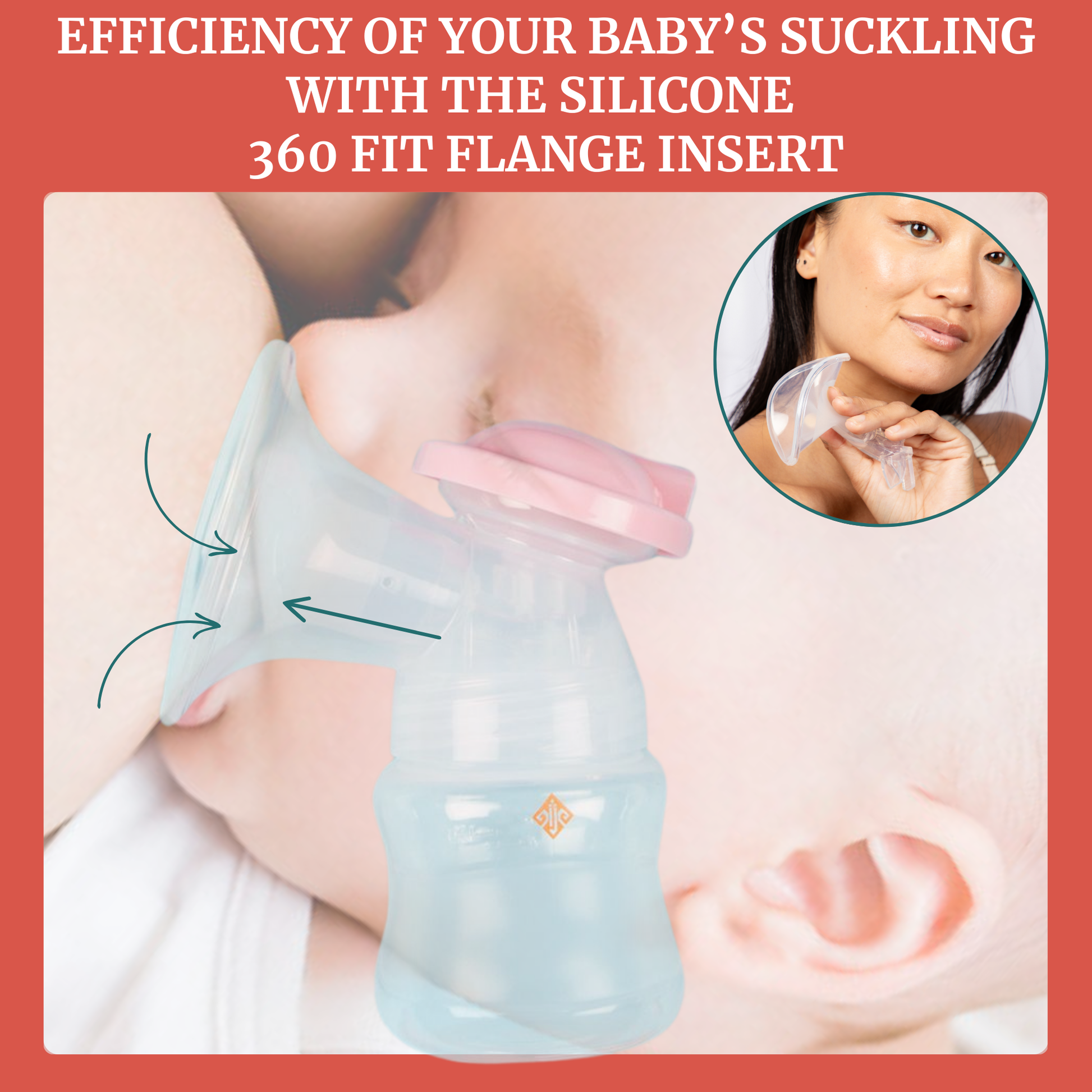 Portable Breast Pump demonstrating efficiency with silicone 360 fit flange insert for optimal baby suckling.