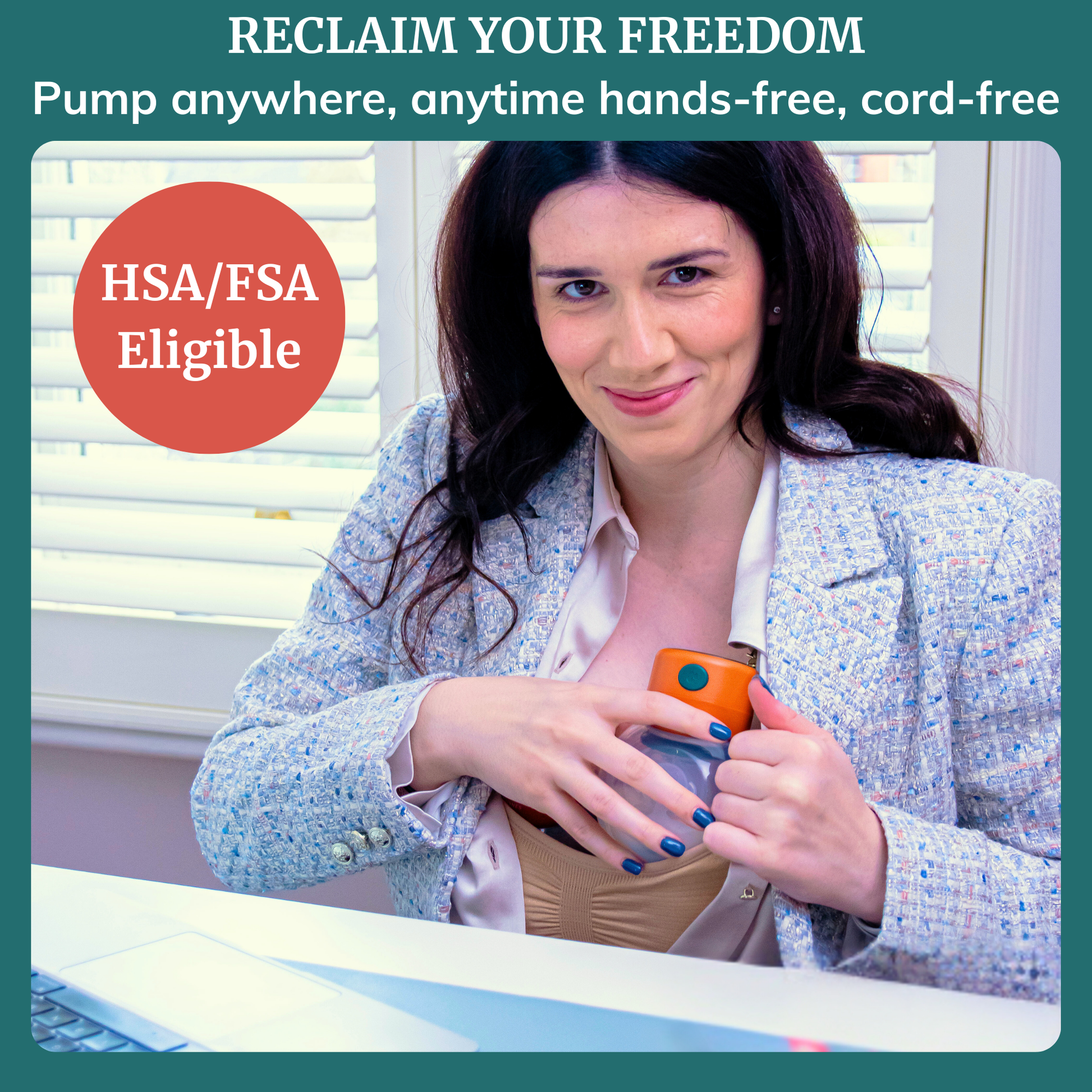 Woman using a wearable breast pump while working, promoting hands-free, cord-free pumping for busy moms.
