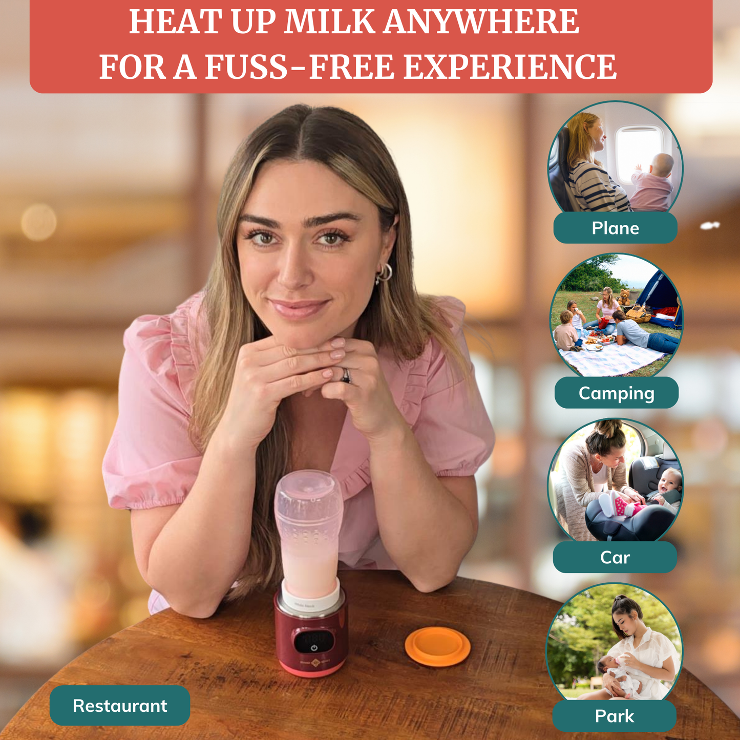 Woman demonstrating Portable Milk Warmer for bottles in various settings like camping, car, and restaurant.
