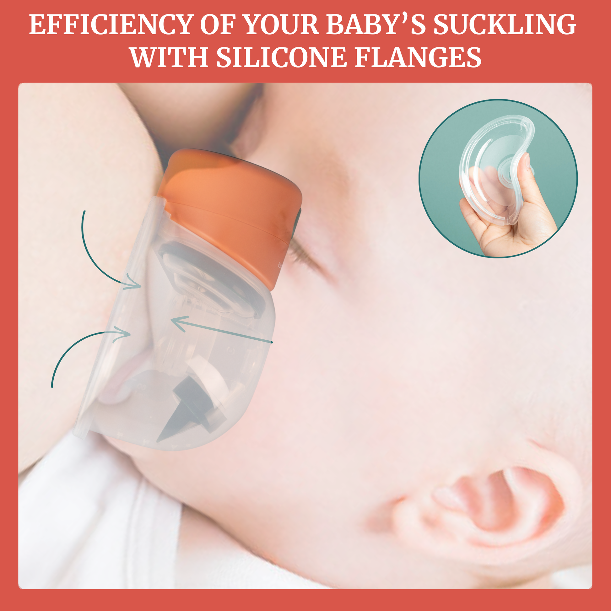Wearable breast pump showcasing silicone flanges for improving efficiency of your baby's suckling.