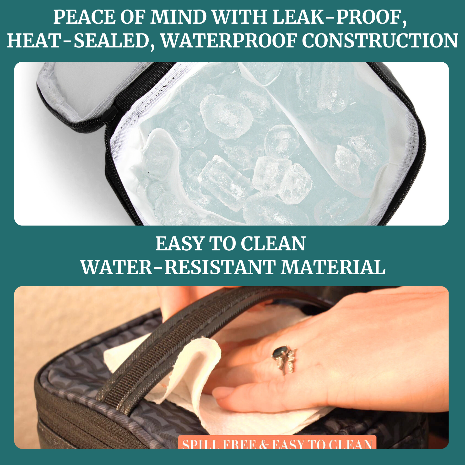 Breastmilk cooler bag with leak-proof waterproof construction and easy-to-clean water-resistant material.