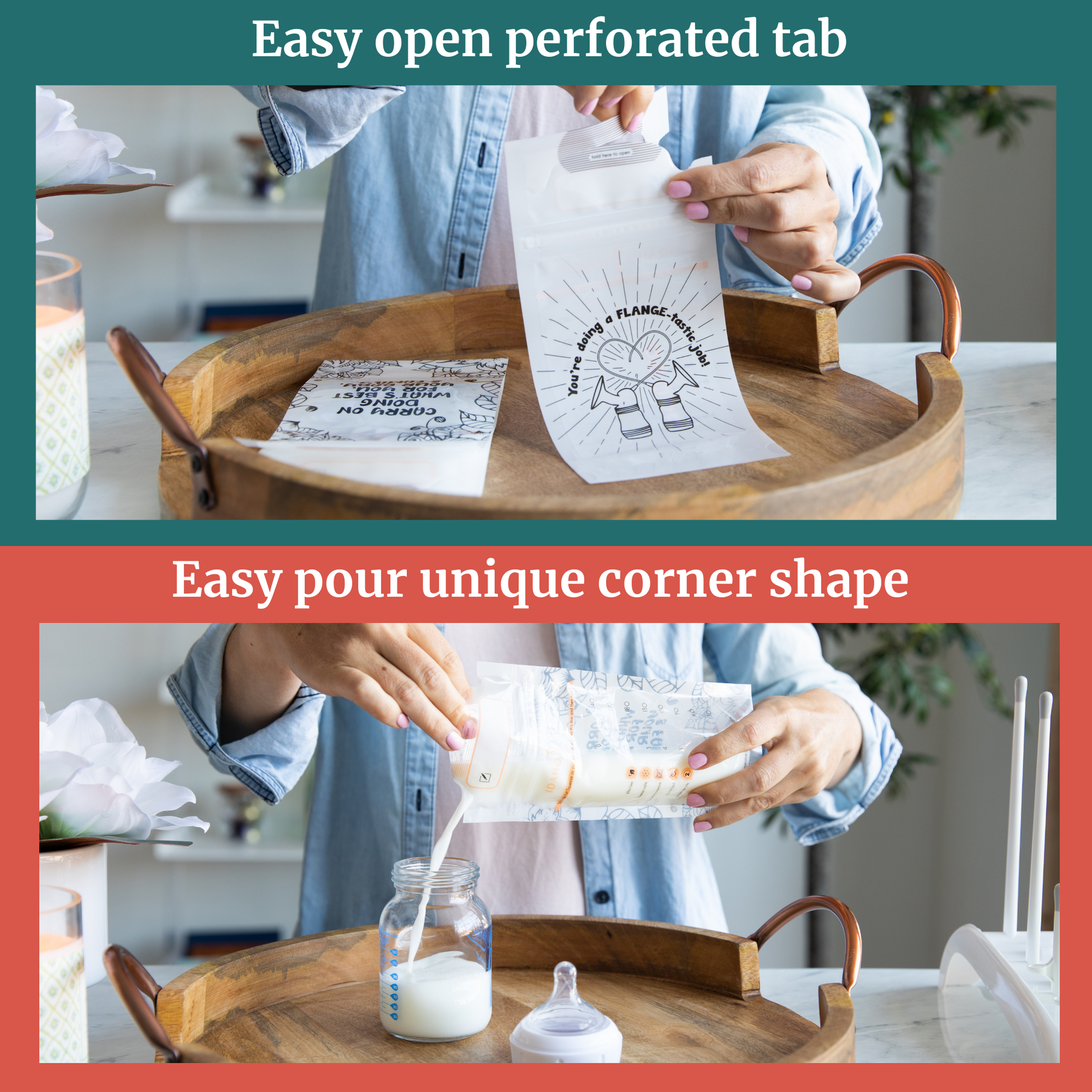 Milk Storage Bags showcasing easy open perforated tab and unique corner shape for convenient pouring.