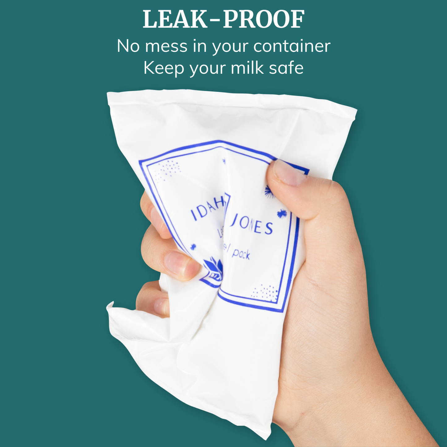 Breastmilk ice pack held in hand, showcasing leak-proof design for safe breastmilk storage.