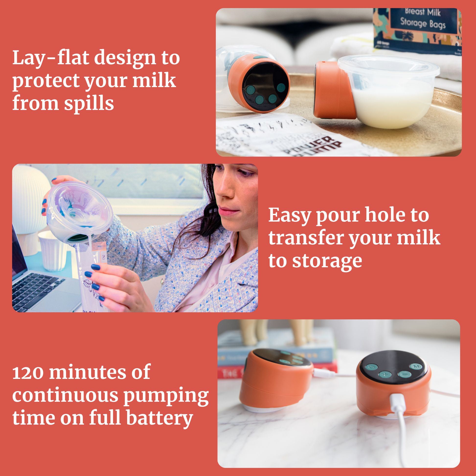 Wearable breast pump features: lay-flat design for spills, easy pour hole for milk transfer, 120 minutes of battery life.