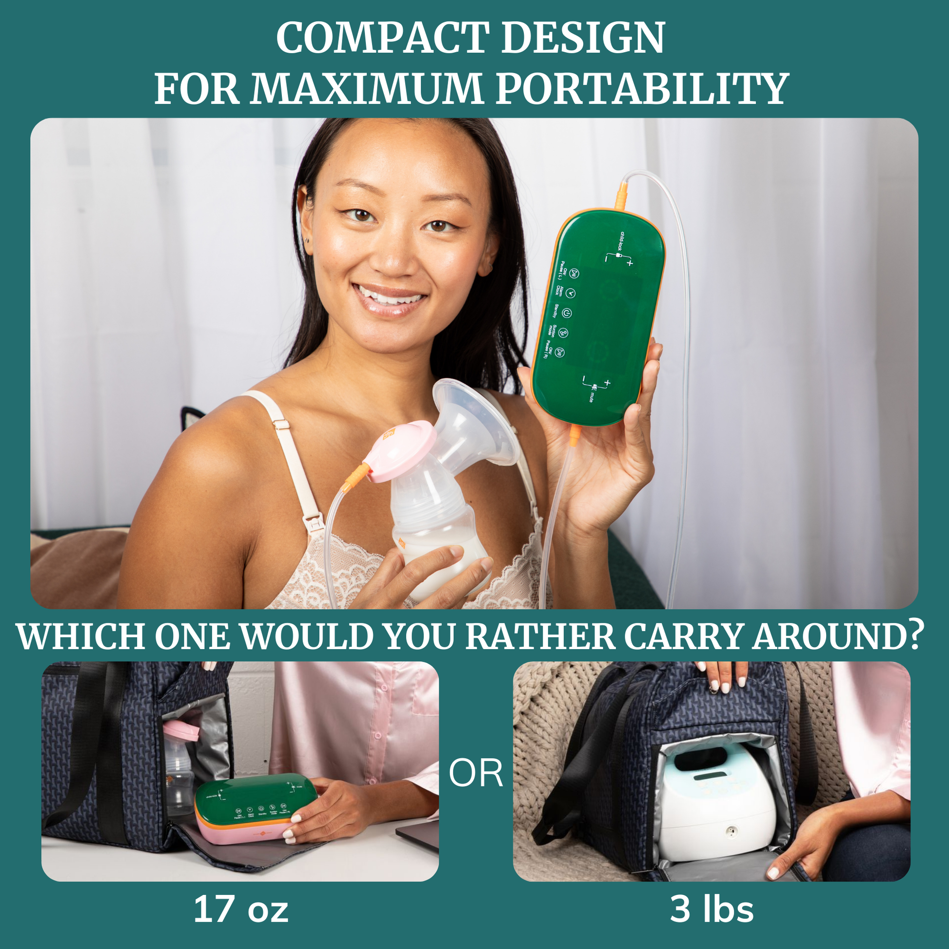 Portable Breast Pump with compact design showcased by smiling woman, highlighting maximum portability and ease of use.