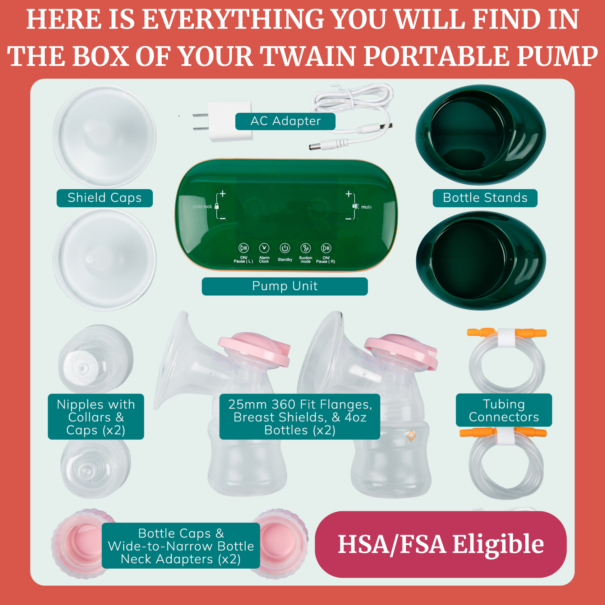 Twain Portable Breast Pump box contents including pump unit, accessories, and compatible parts