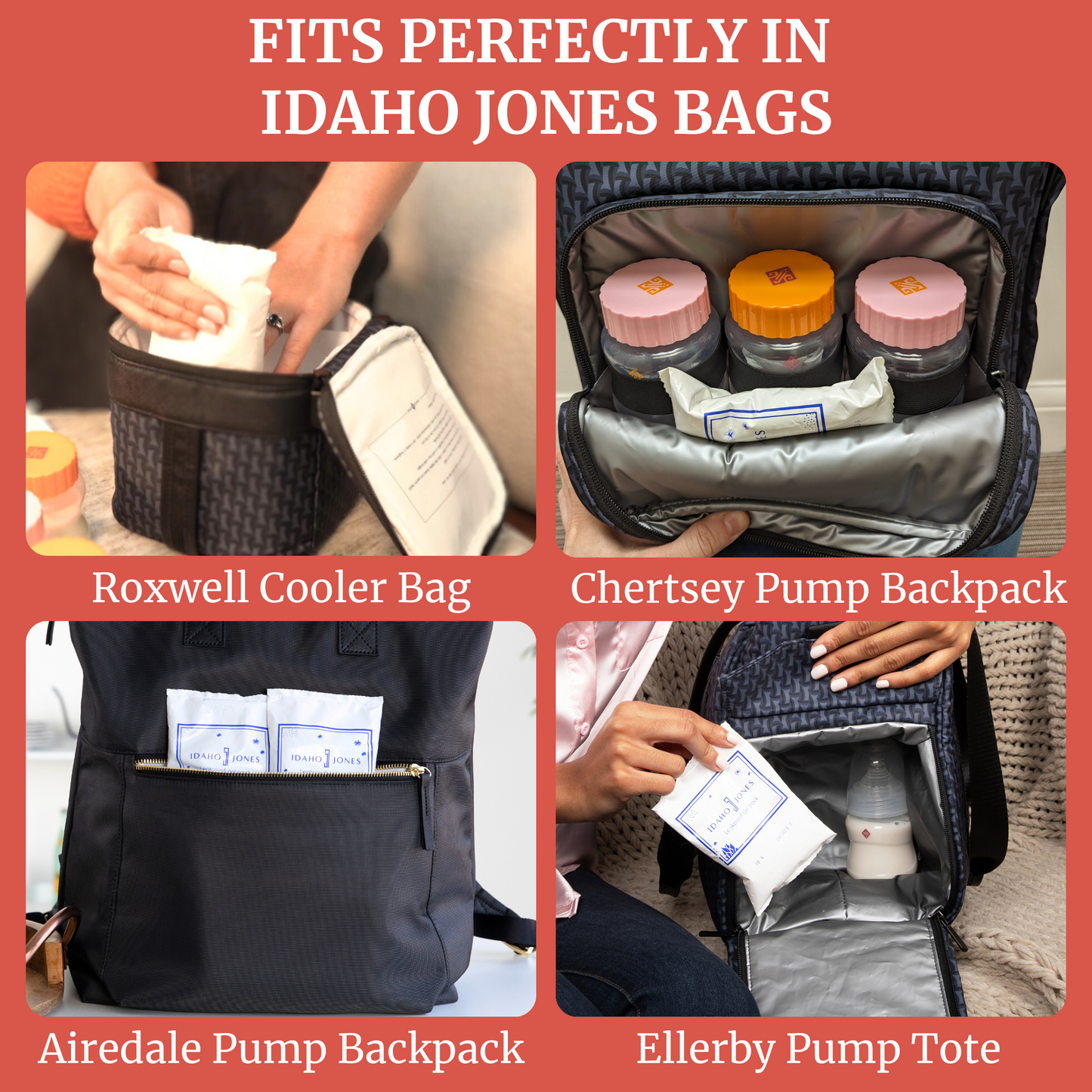 Breastmilk ice pack fitting perfectly in Idaho Jones cooler and pump bags, showcasing flexible storage for travel.