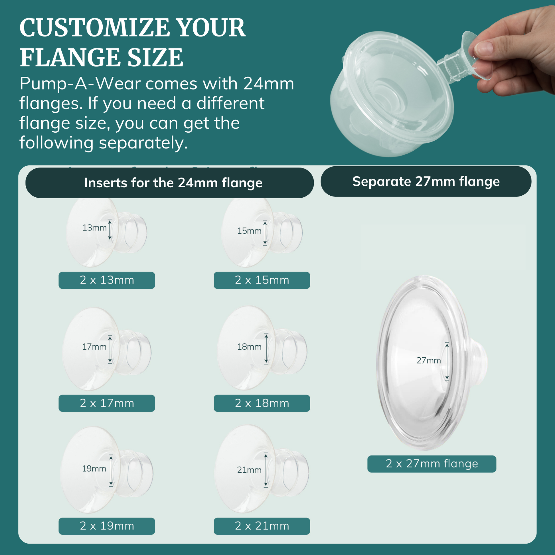 Customize your flange size for the wearable breast pump with Pump-A-Wear, featuring various size options.