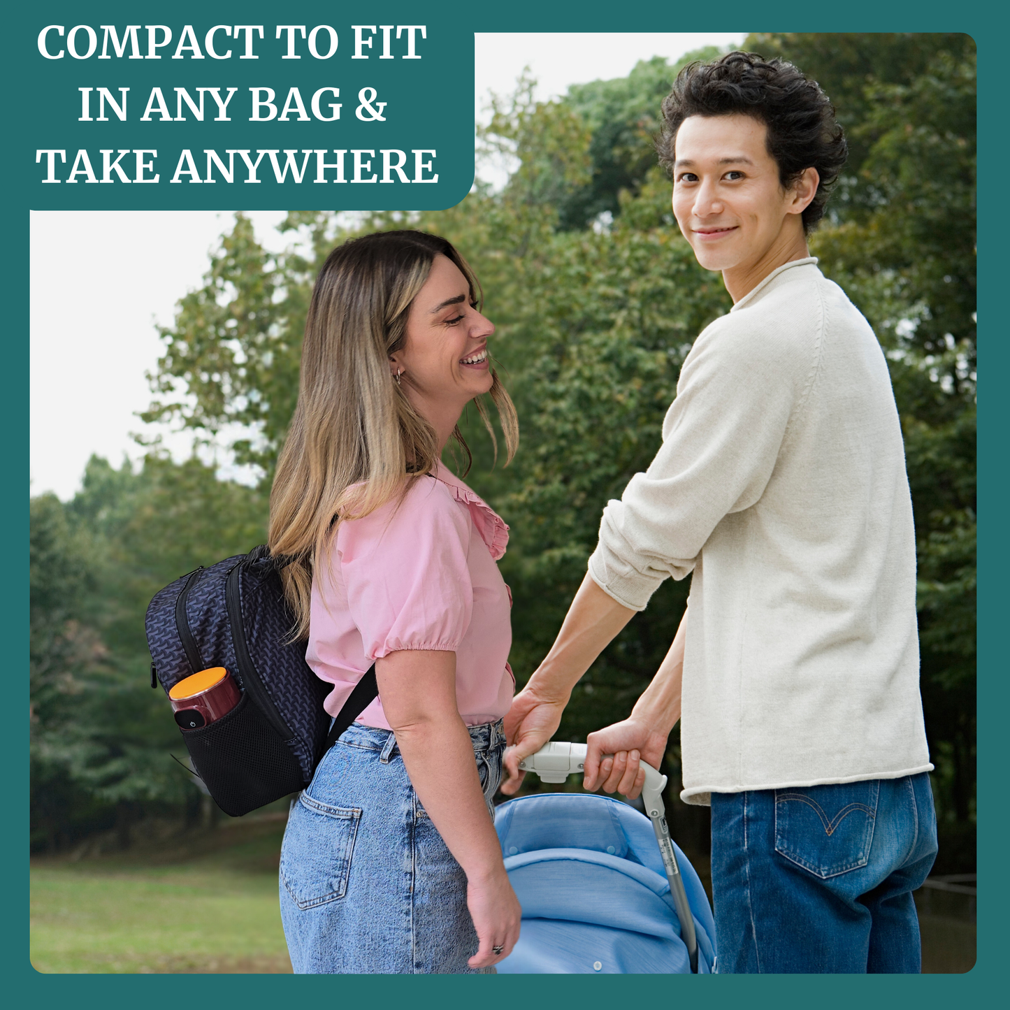 Couple using Portable Milk Warmer, compact design for travel, fits easily in bags, ideal for on-the-go parents.