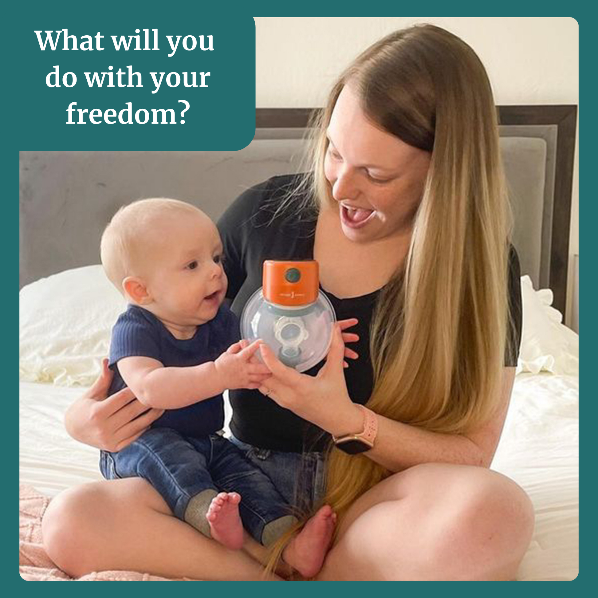 A mother enjoying time with her baby while using a wearable breast pump, showcasing hands-free pumping and freedom.