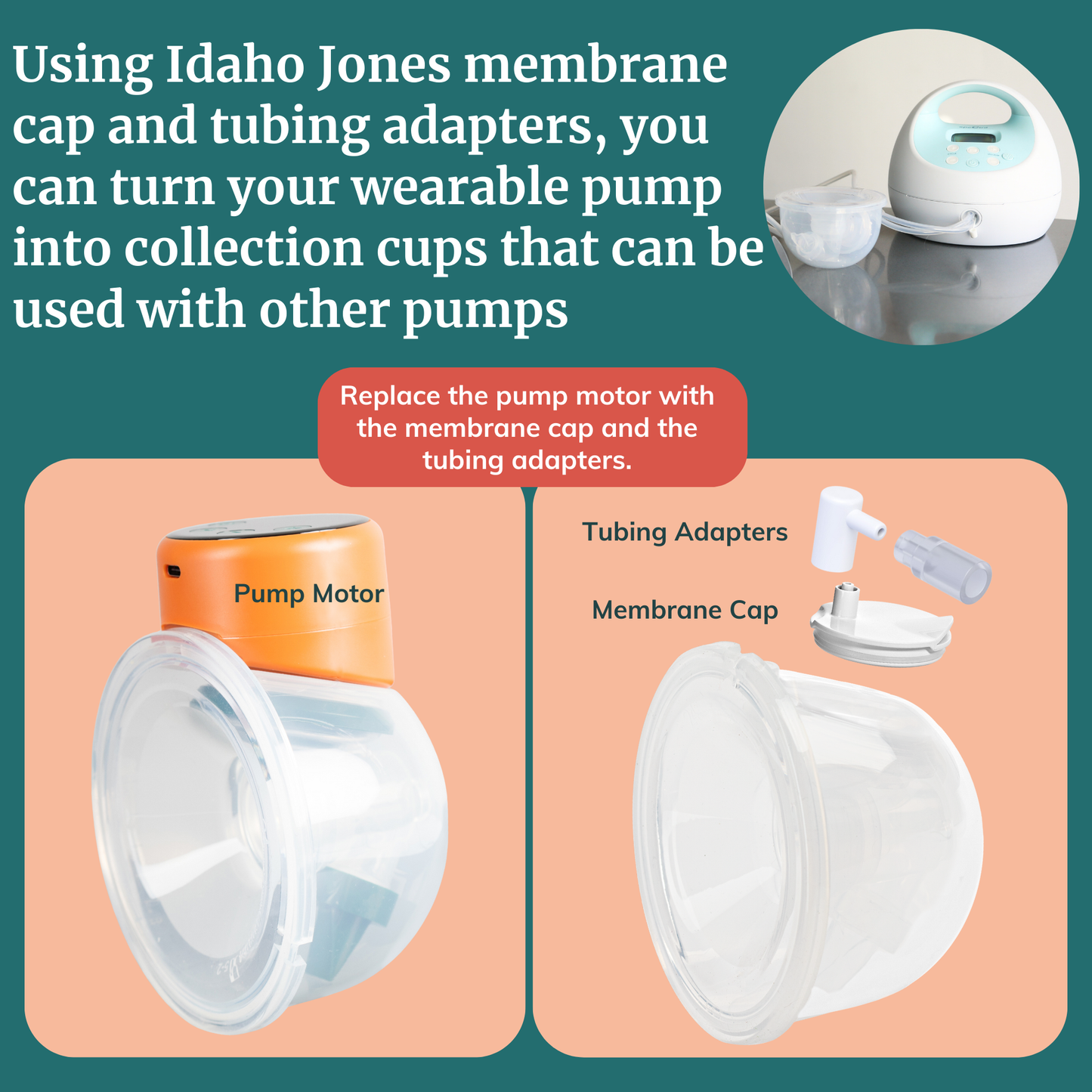 Idaho Jones membrane caps for wearable pumps and tubing adapters for hands-free collection cups.
