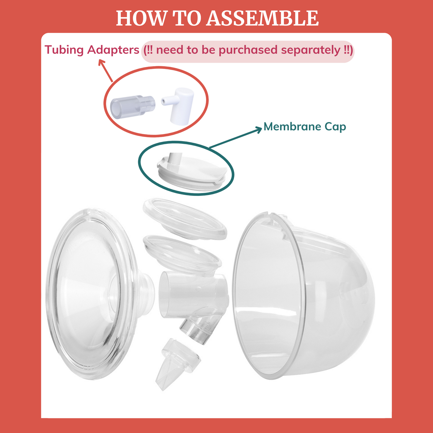 Assembly guide for membrane caps for wearable pumps, including tubing adapters and components overview.