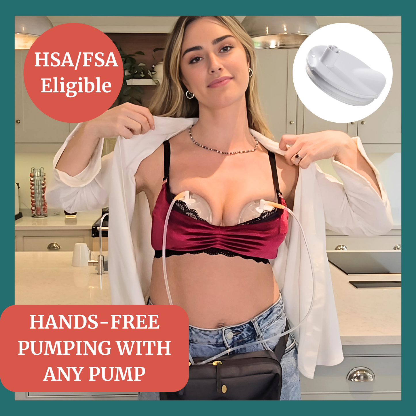 Woman demonstrating hands-free pumping with Idaho Jones membrane caps for wearable pumps in a stylish kitchen.
