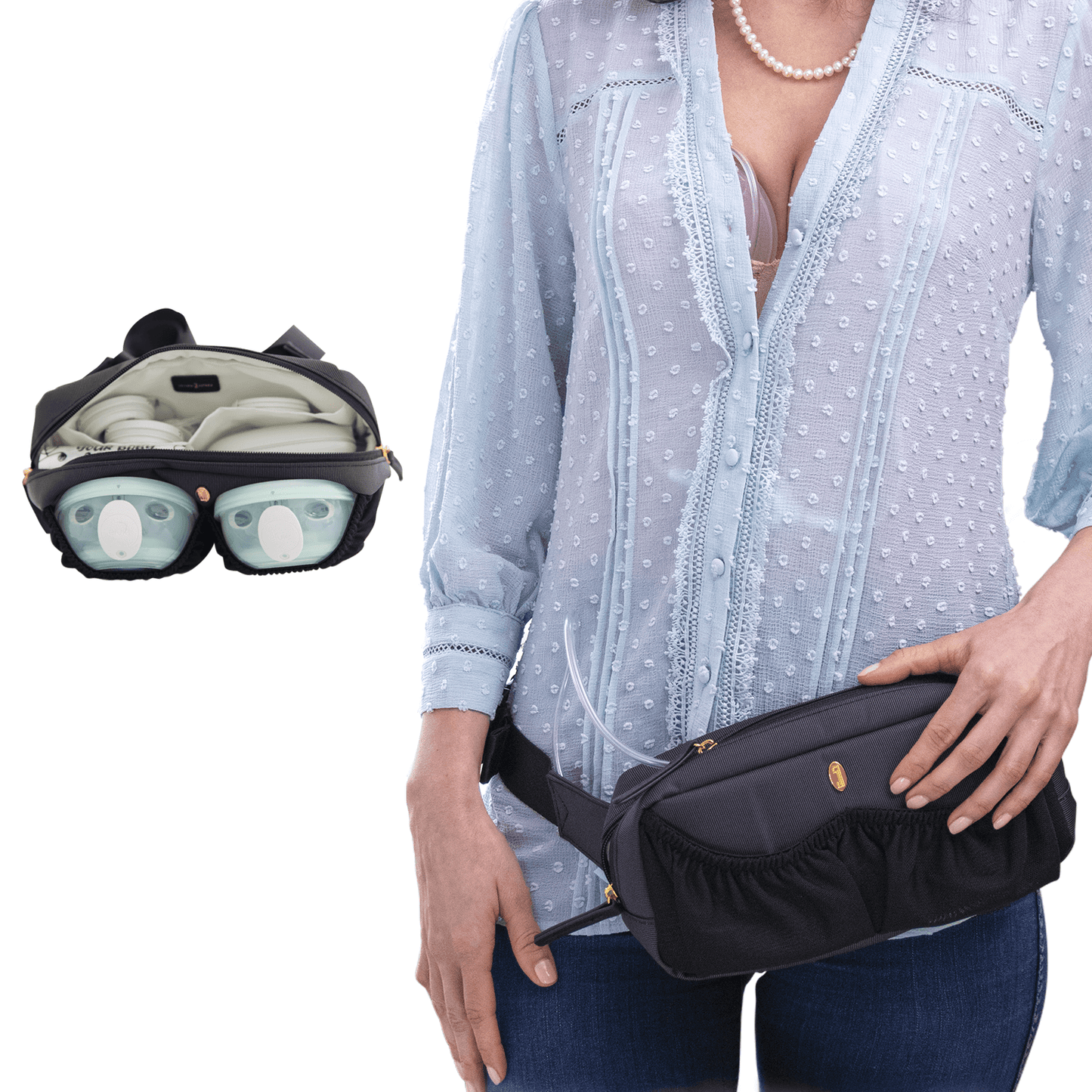 mom on the move wearing the idaho jones pump-a-porter mini wearable breast pump bag