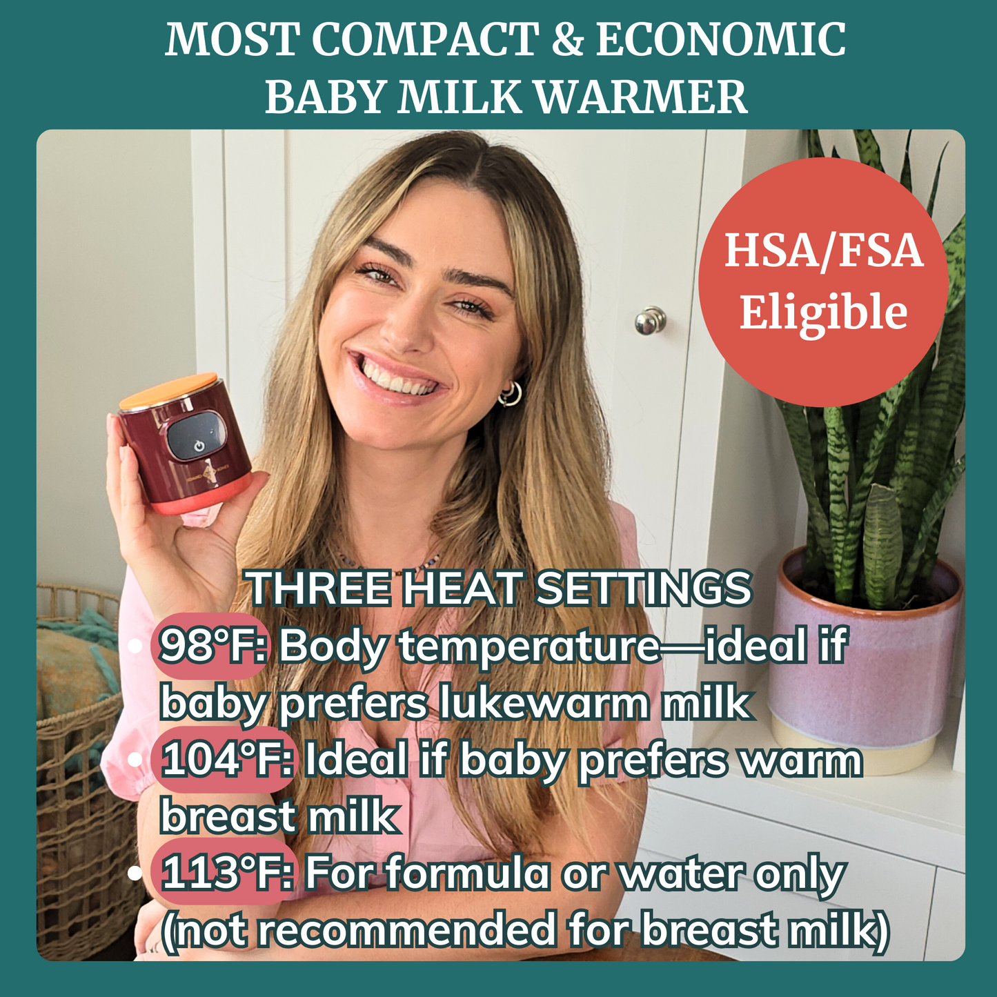 Portable Milk Warmer with three heat settings for warming baby milk, compact and economic design, HSA/FSA eligible.