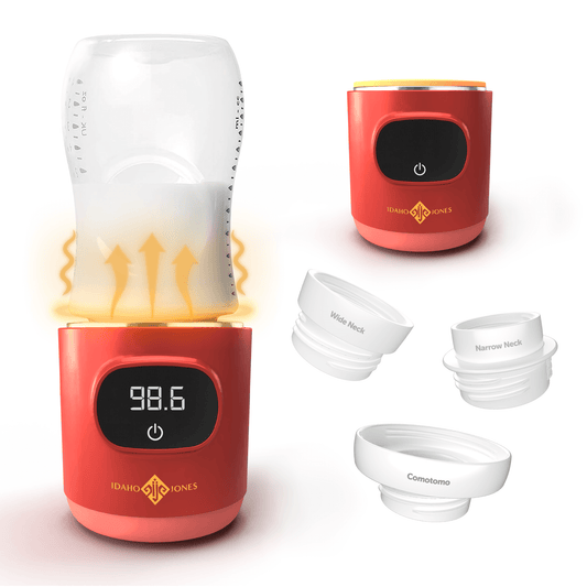 Portable Milk Warmer for Bottles - Simone with adjustable temperature and various bottle neck adapters.