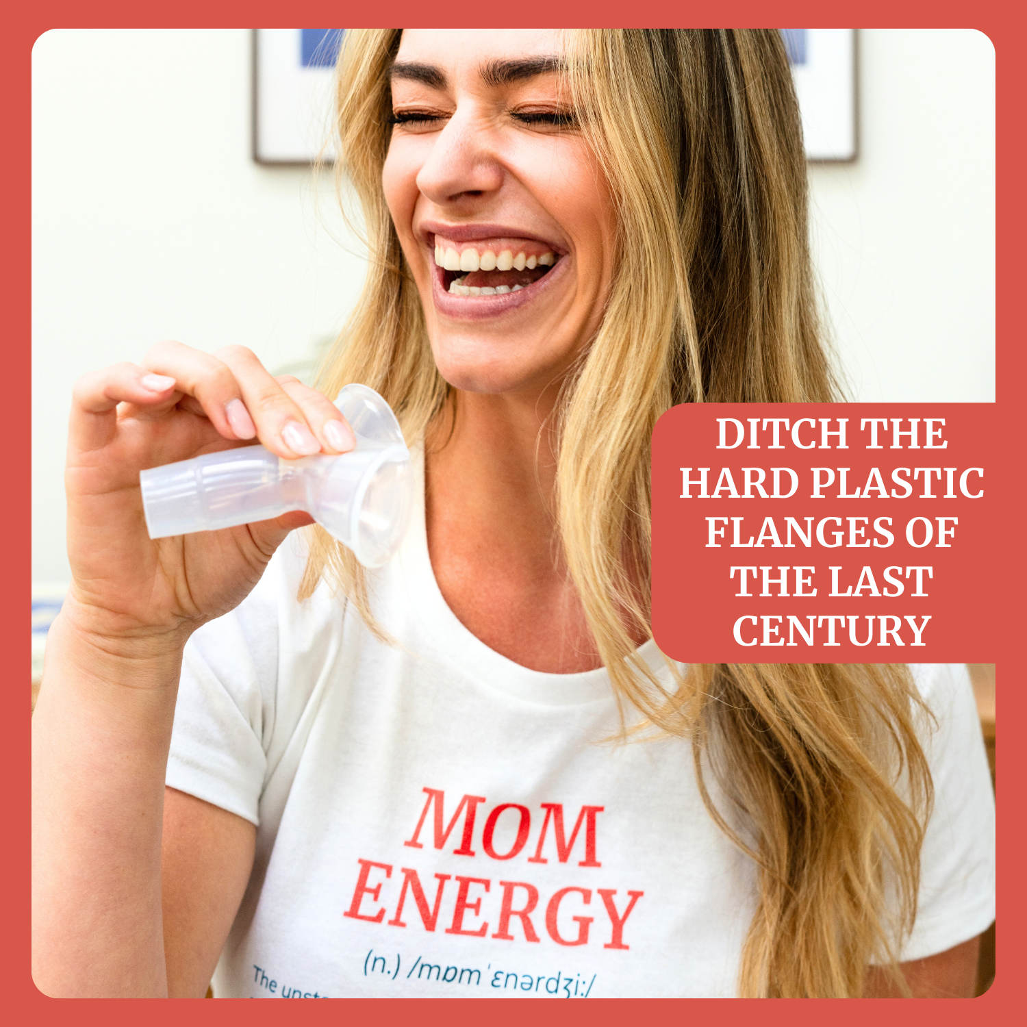 Woman smiling and holding a Silicone Breast Pump Flange, promoting a softer alternative to hard plastic flanges.