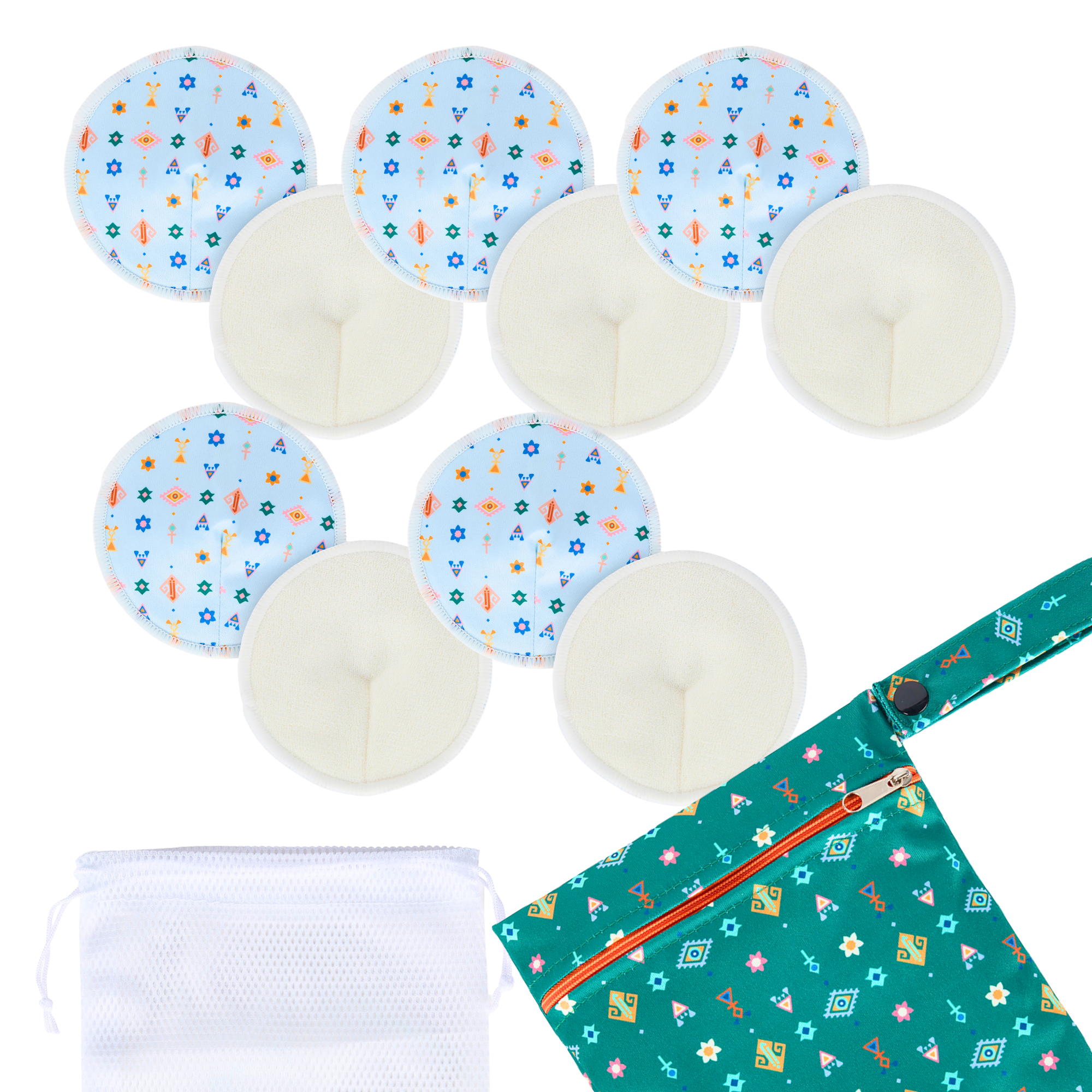 Reusable breast pads in a colorful design with a storage pouch, perfect for nursing moms seeking comfort.
