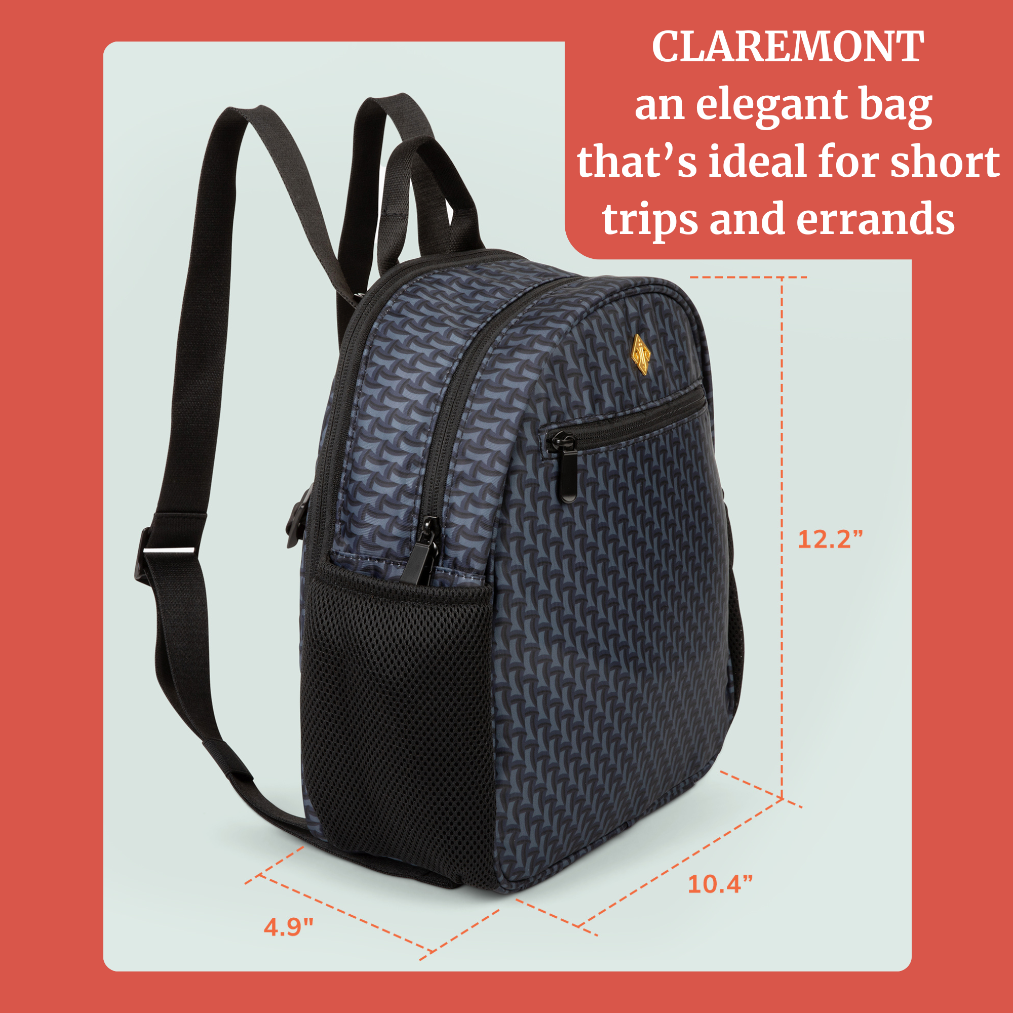 Small diaper bag backpack Claremont shown at an angle with dimensions, ideal for short trips and errands.