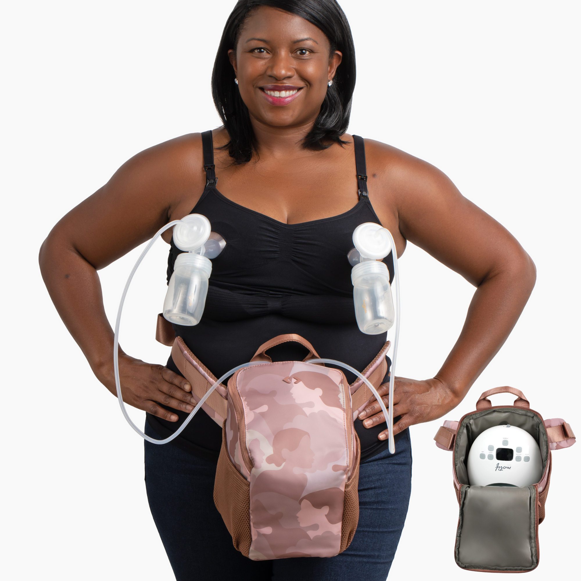 Woman wearing camouflage-patterned pumping bag for Spectra with breast pump, hands-free for convenience and mobility.