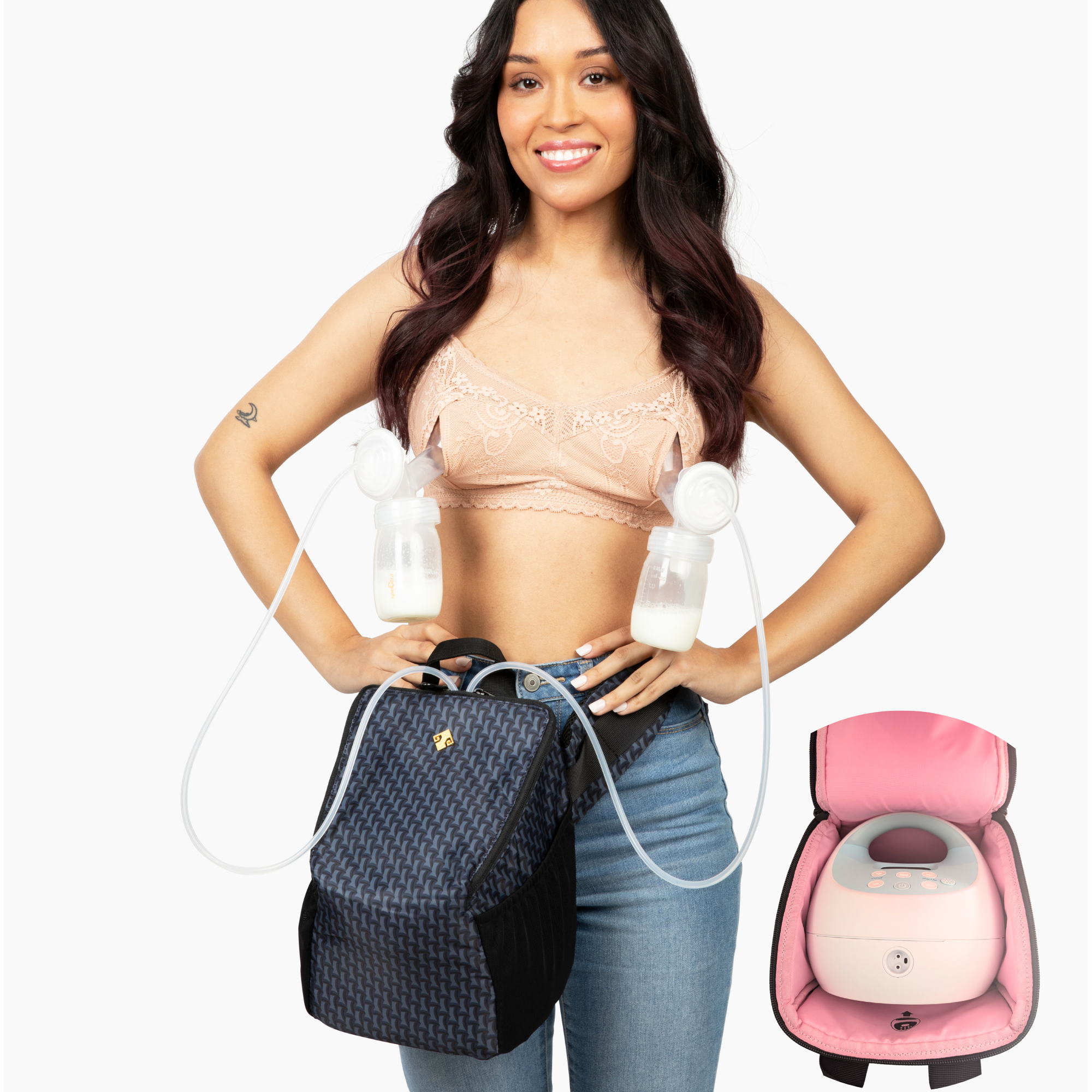 Woman using Pumping Bag for Spectra with breast pump, hands-free for convenience and mobility.