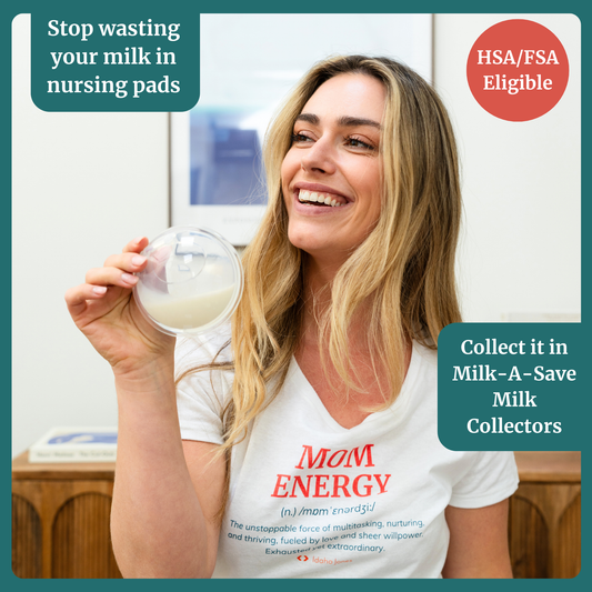 Woman holding a collector shell with milk with text about saving milk in Milk-A-Save Collectors and HSA/FSA eligibility.