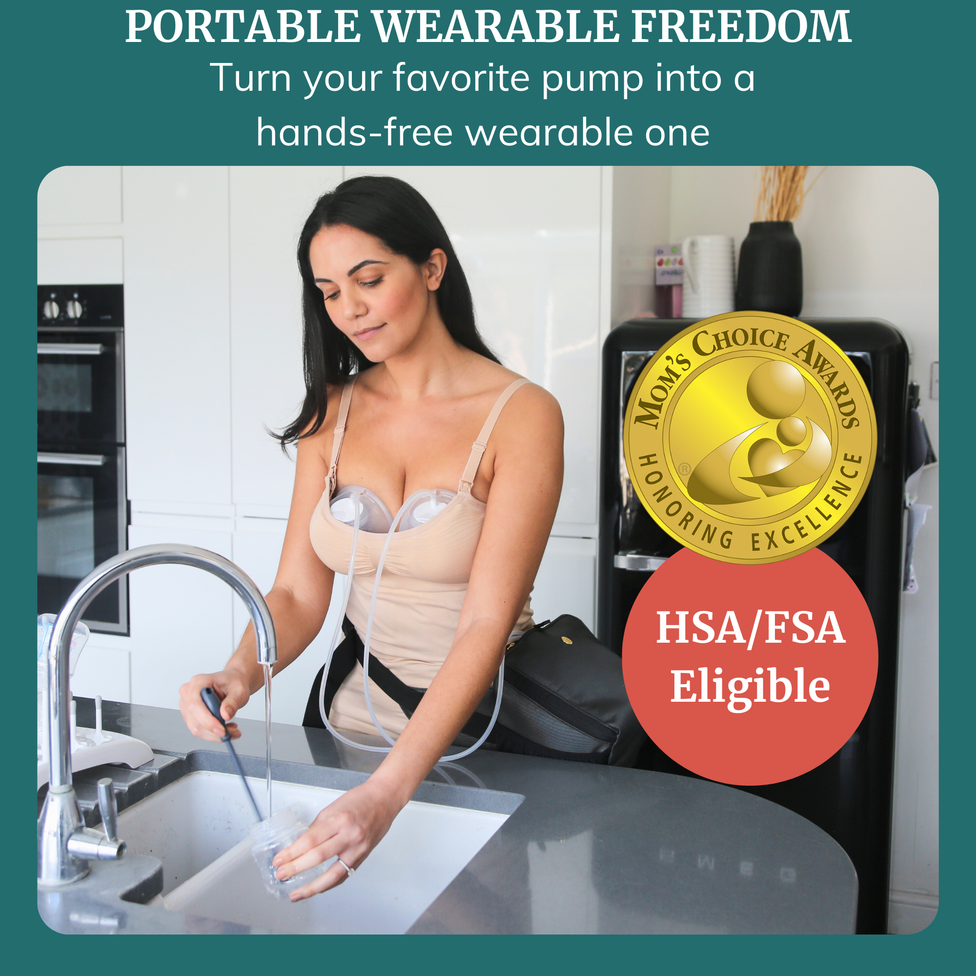 Woman using Milk Collection Cups with silicone flanges for hands-free pumping in a kitchen.