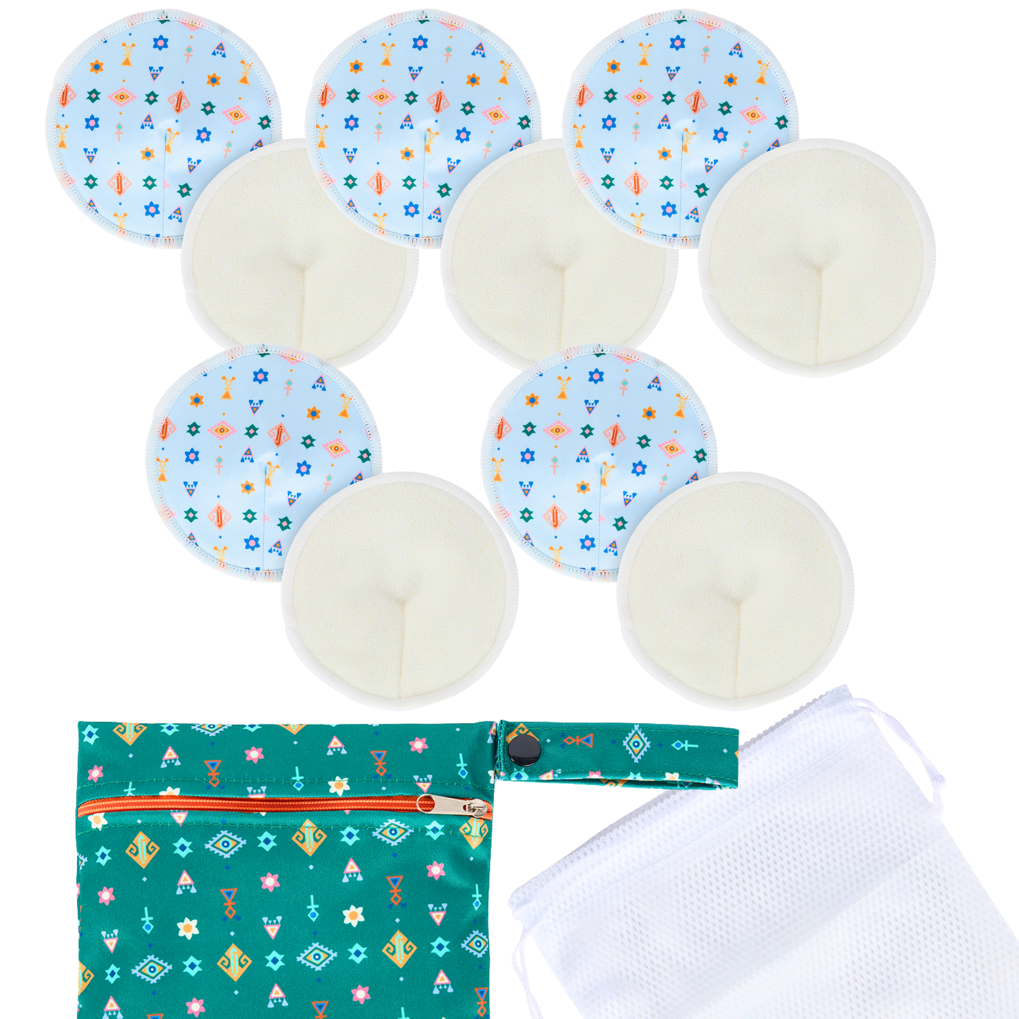 Reusable breast pads by Nazar, eco-friendly, ultra-absorbent, featuring colorful patterns and storage bag.