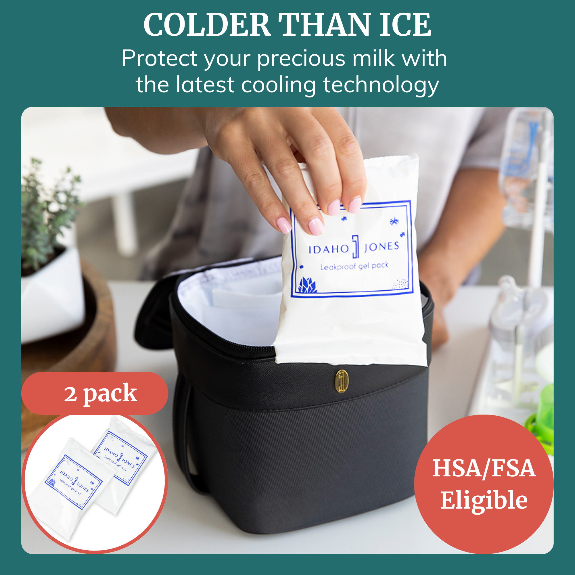 Breastmilk ice pack by Idaho Jones being inserted into a cooler bag, showcasing its cooling technology and 2 pack option.