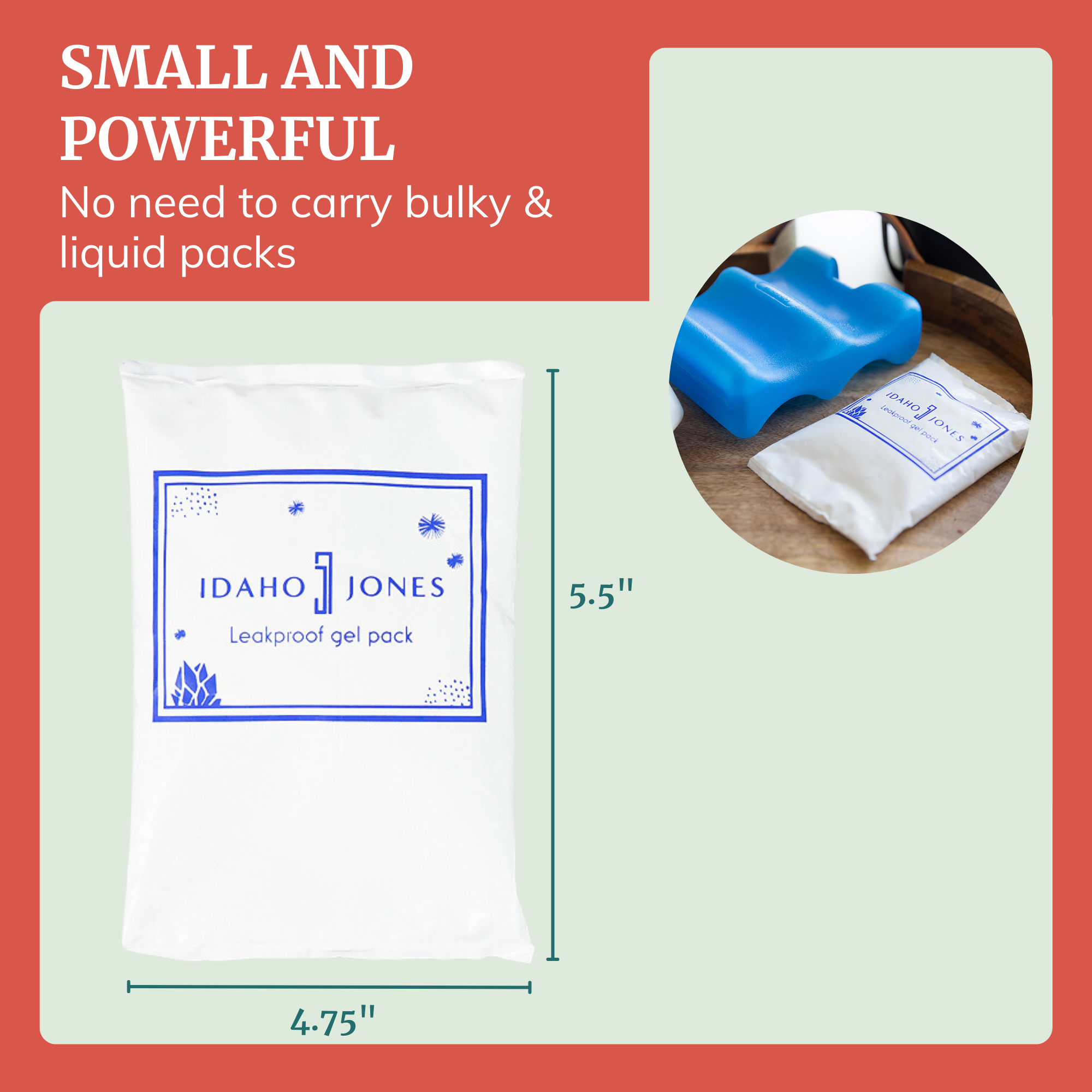 Breastmilk ice pack from Idaho Jones featuring a compact design, lightweight for easy storage and travel.