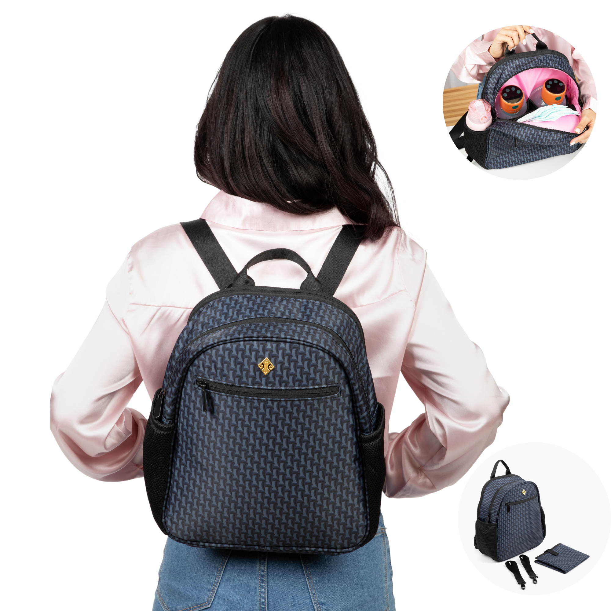 Small Diaper Bag Backpack - Claremont shown on a person with a stylish design, ideal for busy parents.
