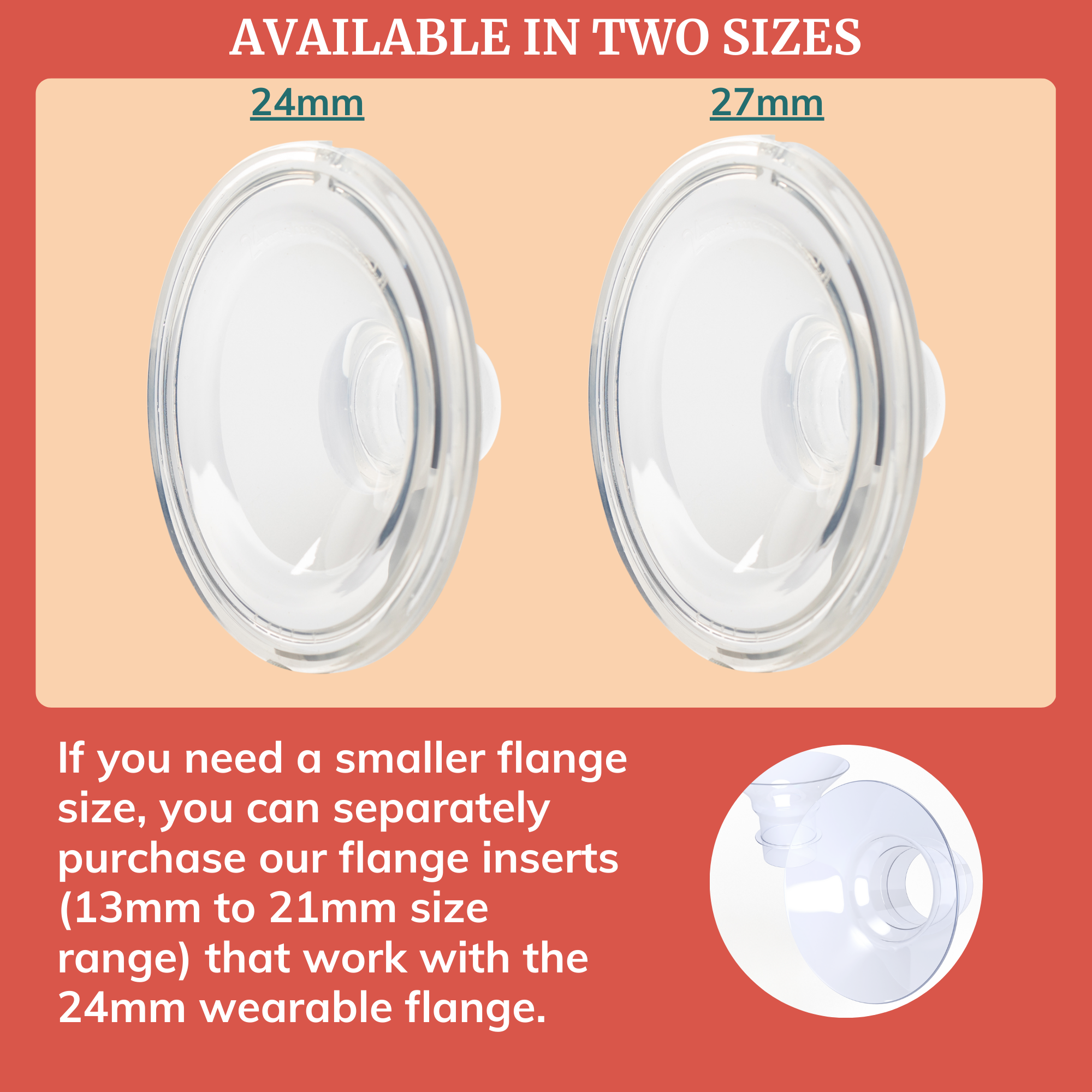 Wearable breast pump flange available in two sizes: 24mm and 27mm, perfect for comfort and efficiency.