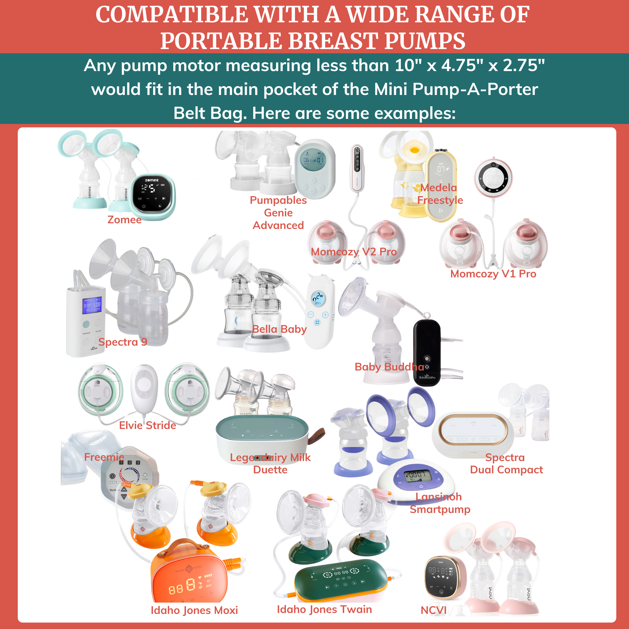 Belt bag for small breast pumps showcasing compatibility with various portable breast pumps.