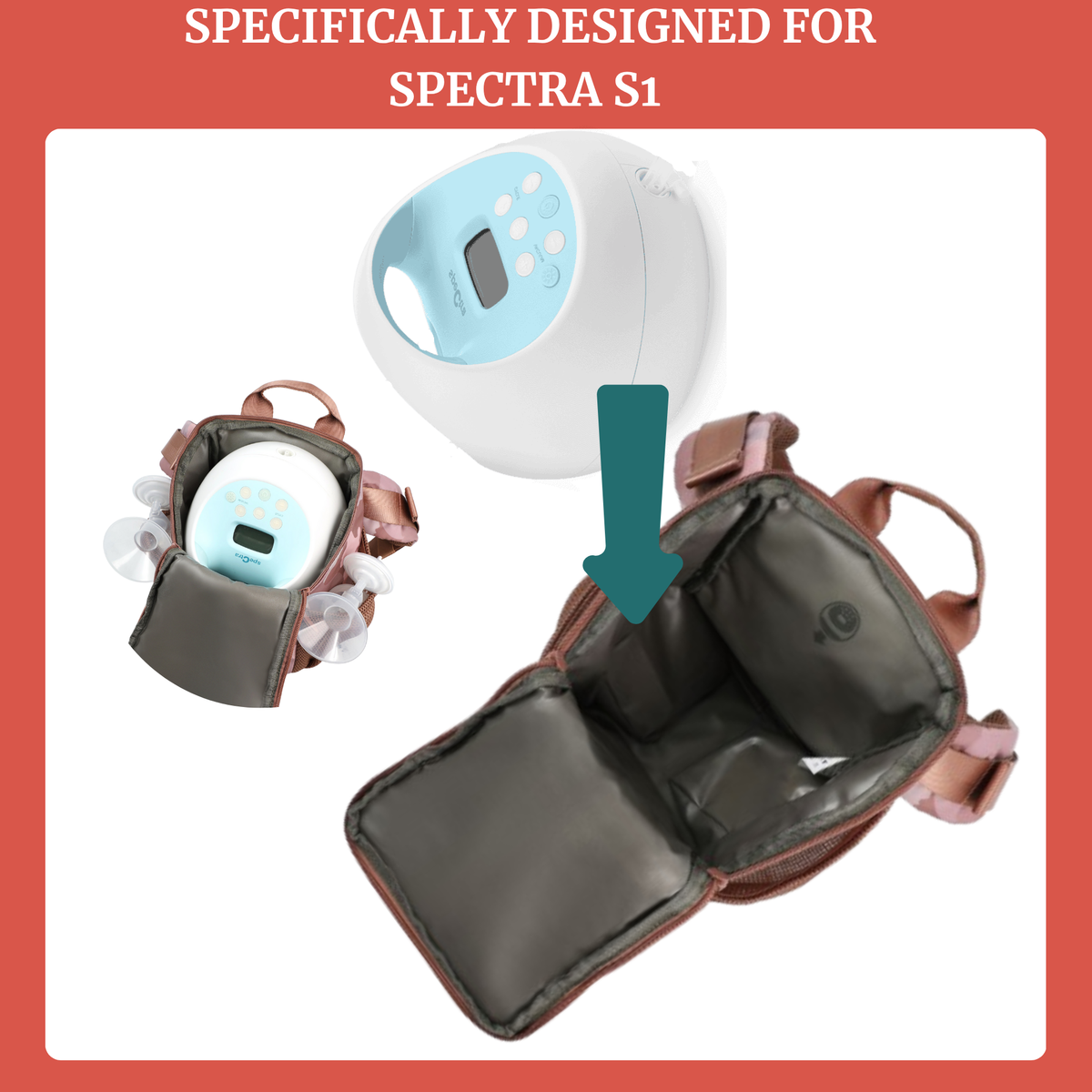 Pump-A-Porter belt bag with a clear compartment for Spectra S1 device and with its accessories.