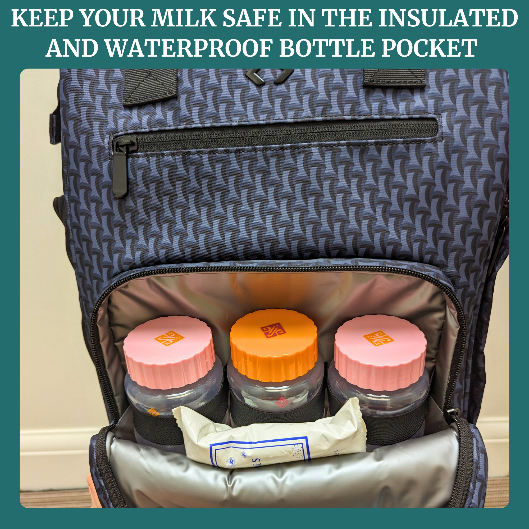 Breast pump bag with insulated waterproof pocket for safe milk storage.