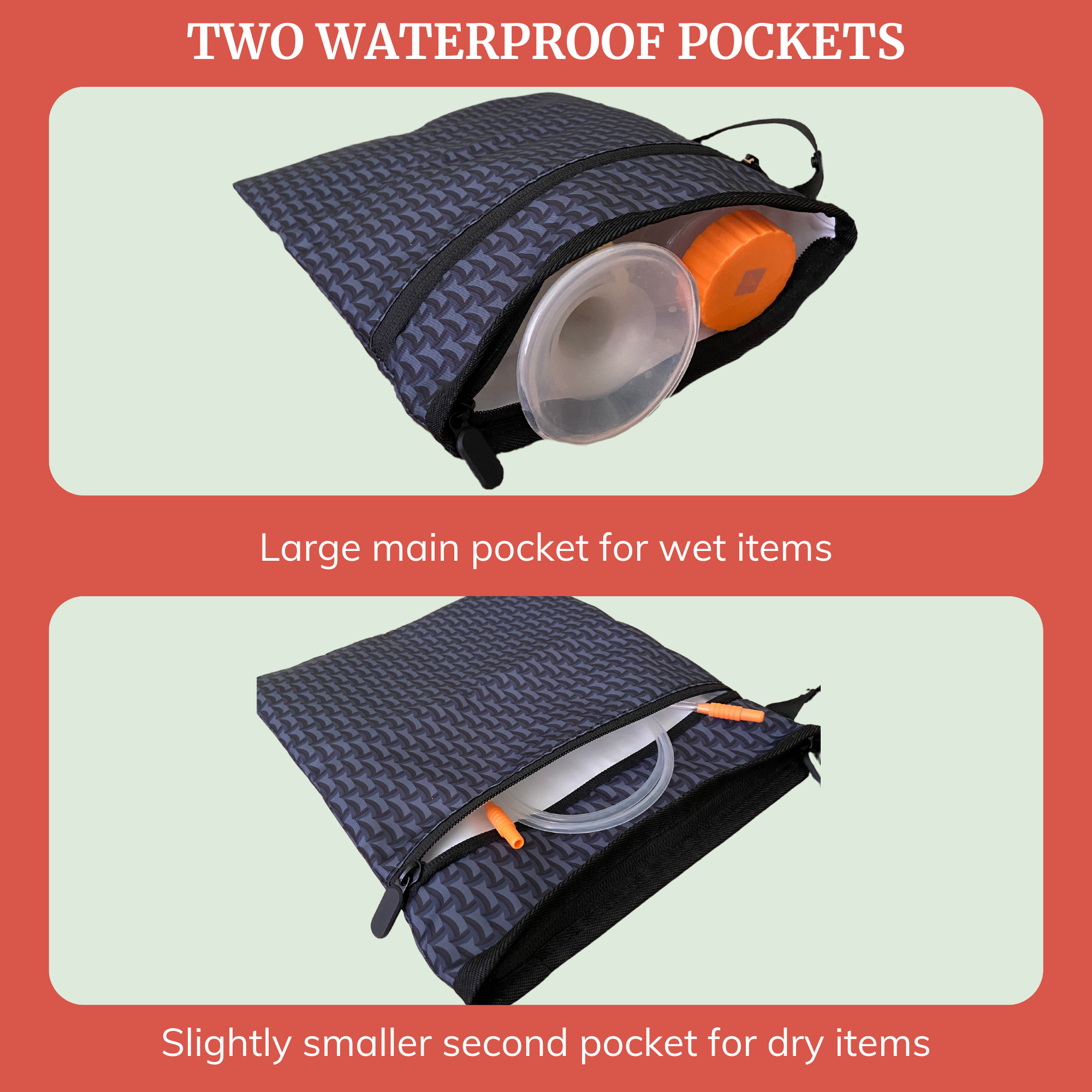 Wet dry bag showing two waterproof pockets for organizing pump parts, large for wet items and smaller for dry items.