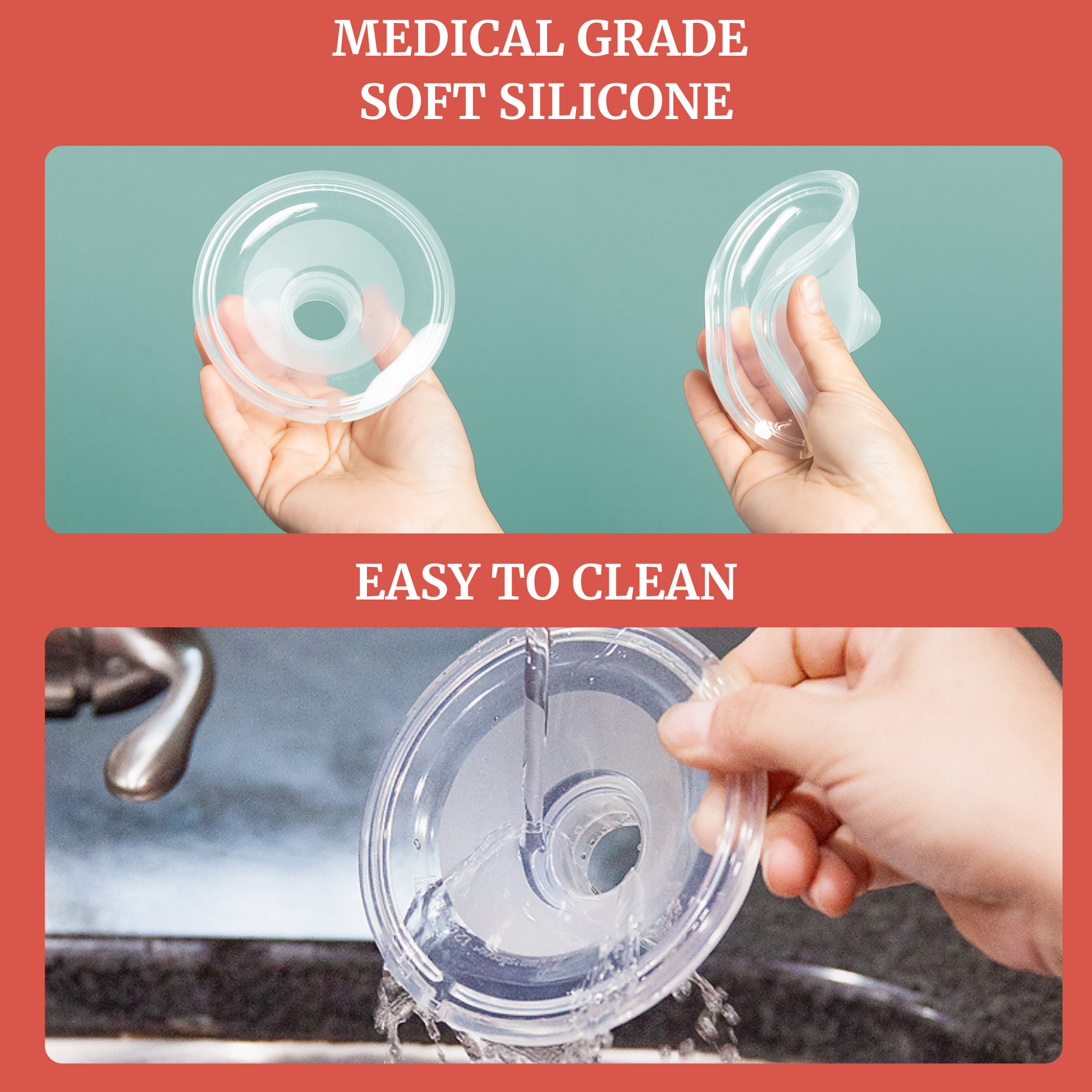 Wearable breast pump flange made of medical grade soft silicone, easy to clean design.