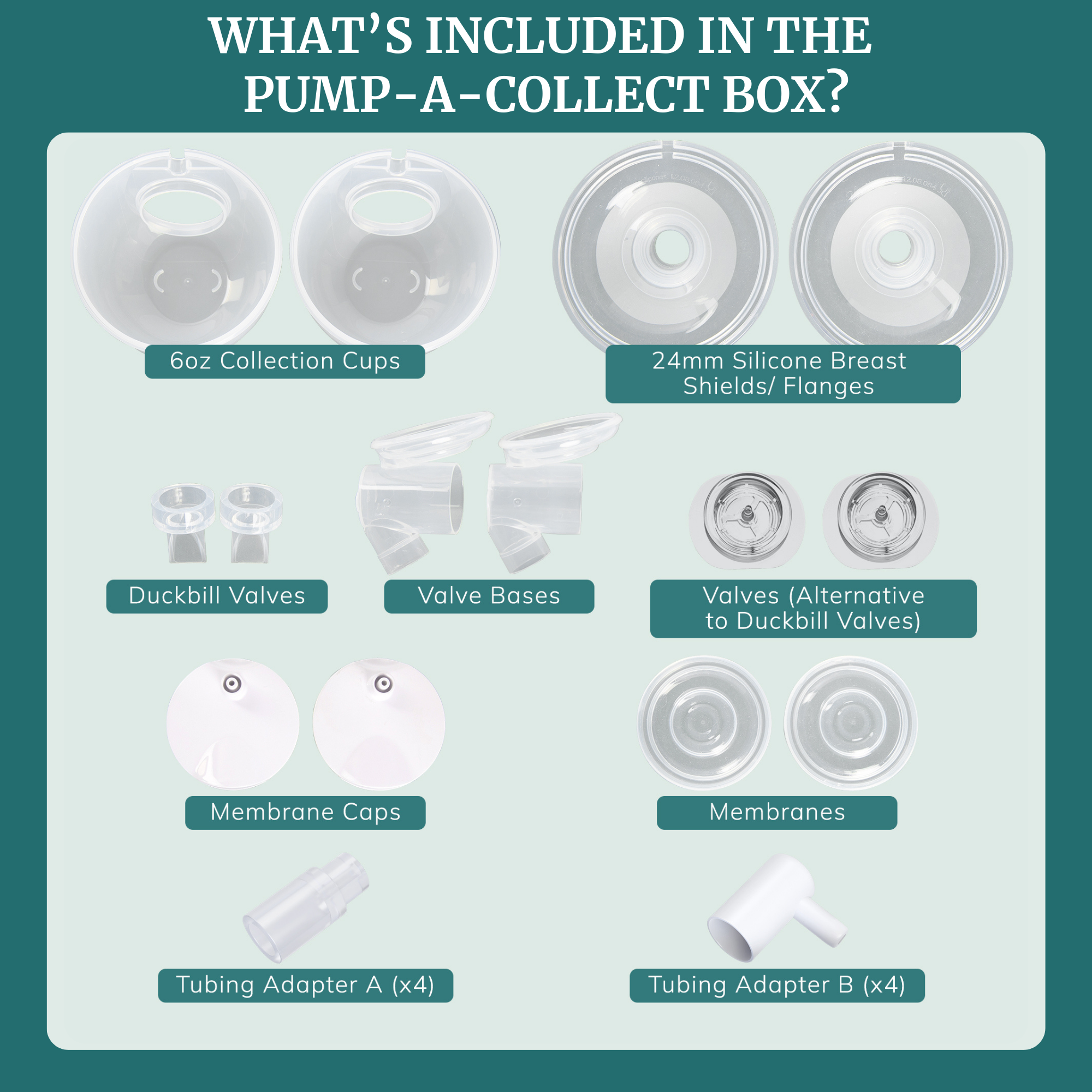 Milk collection cups and accessories included in Pump-A-Collect box for hands-free pumping.