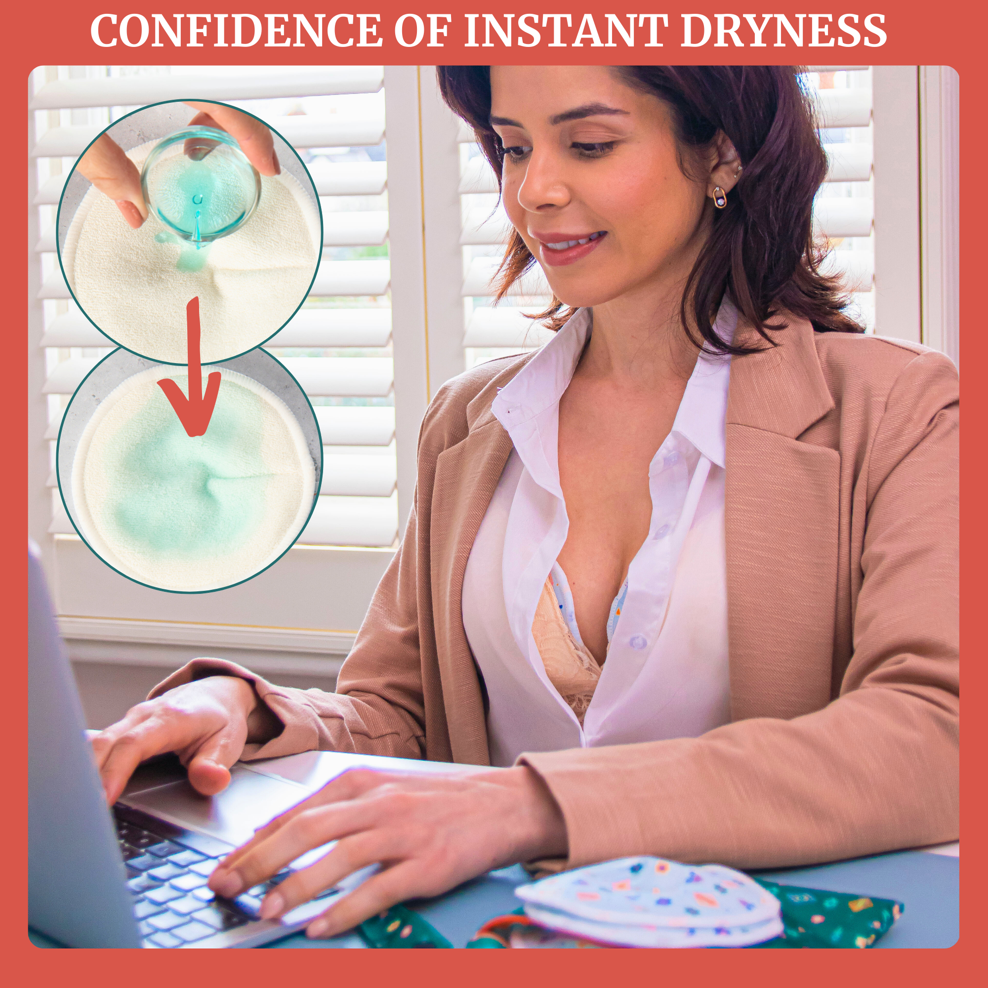 Woman using reusable breast pads while working on a laptop, showcasing confidence of instant dryness.