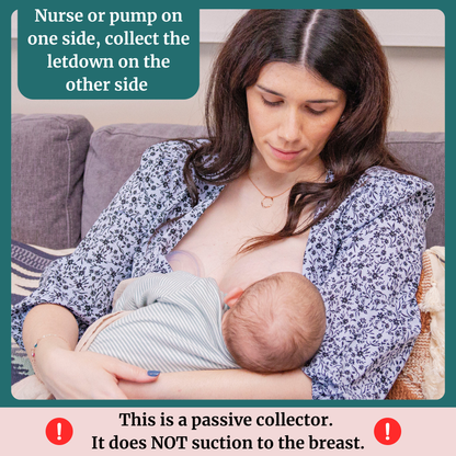 Woman breastfeeding a baby with Milk-A-Save Collector Shell attached on the other side.