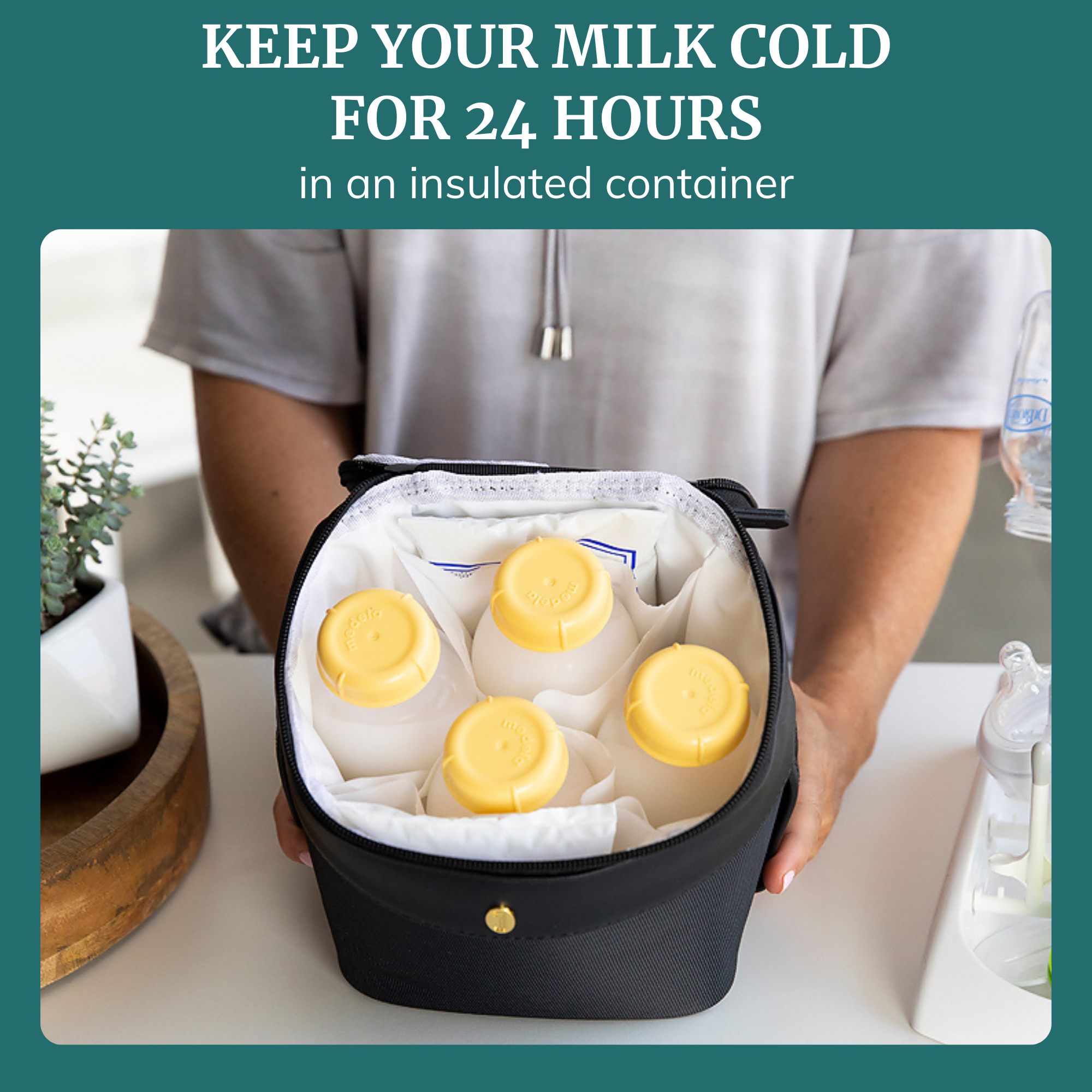 Breastmilk ice pack and containers keeping milk cold for 24 hours in an insulated container.