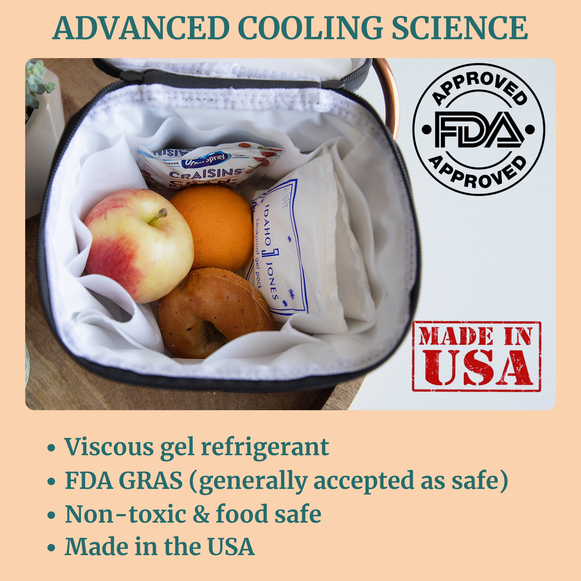 Breastmilk ice pack with advanced cooling science, featuring a cooler bag with fruits and snacks, FDA approved.