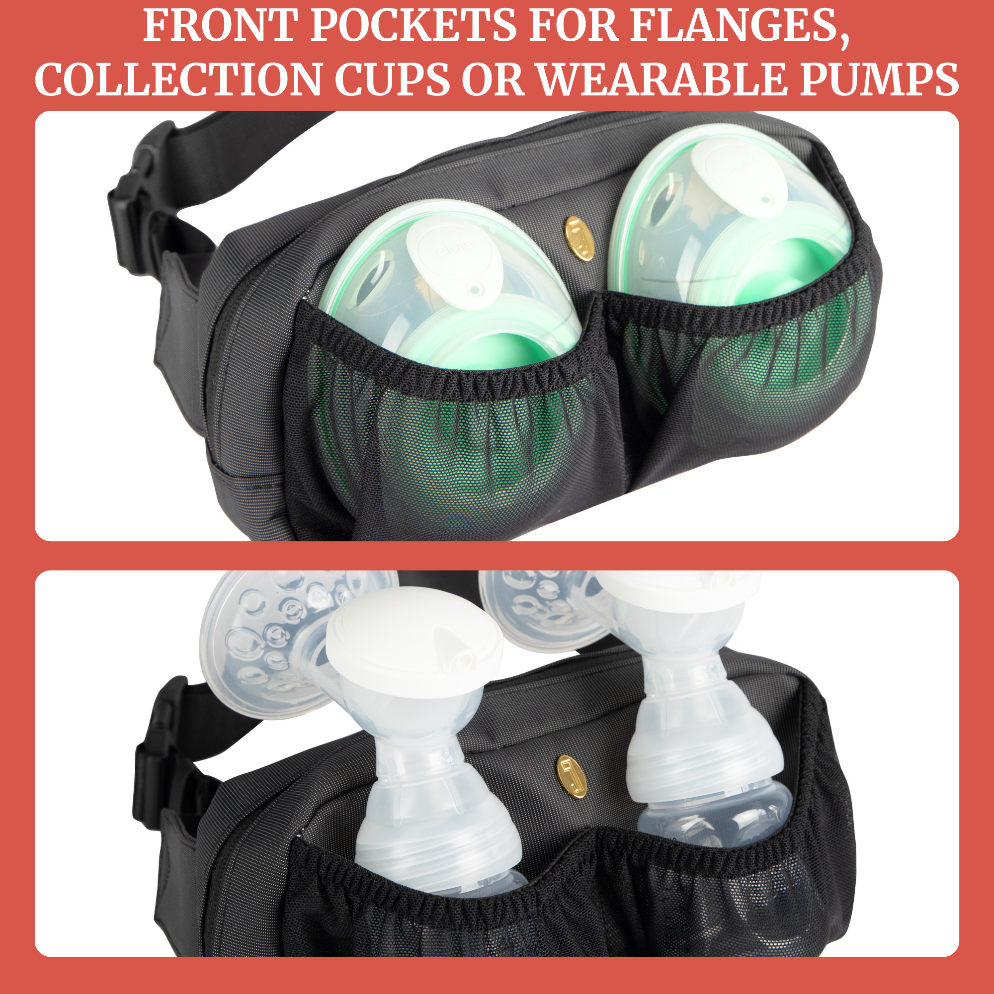 Belt bag for small breast pumps with front pockets for flanges, collection cups, and wearable pumps.