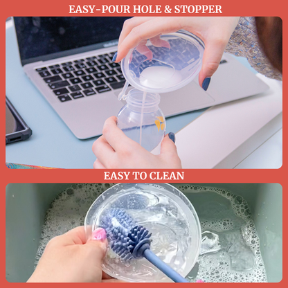 Collector shell with pour hole and stopper being used, and cleaning it with a brush.