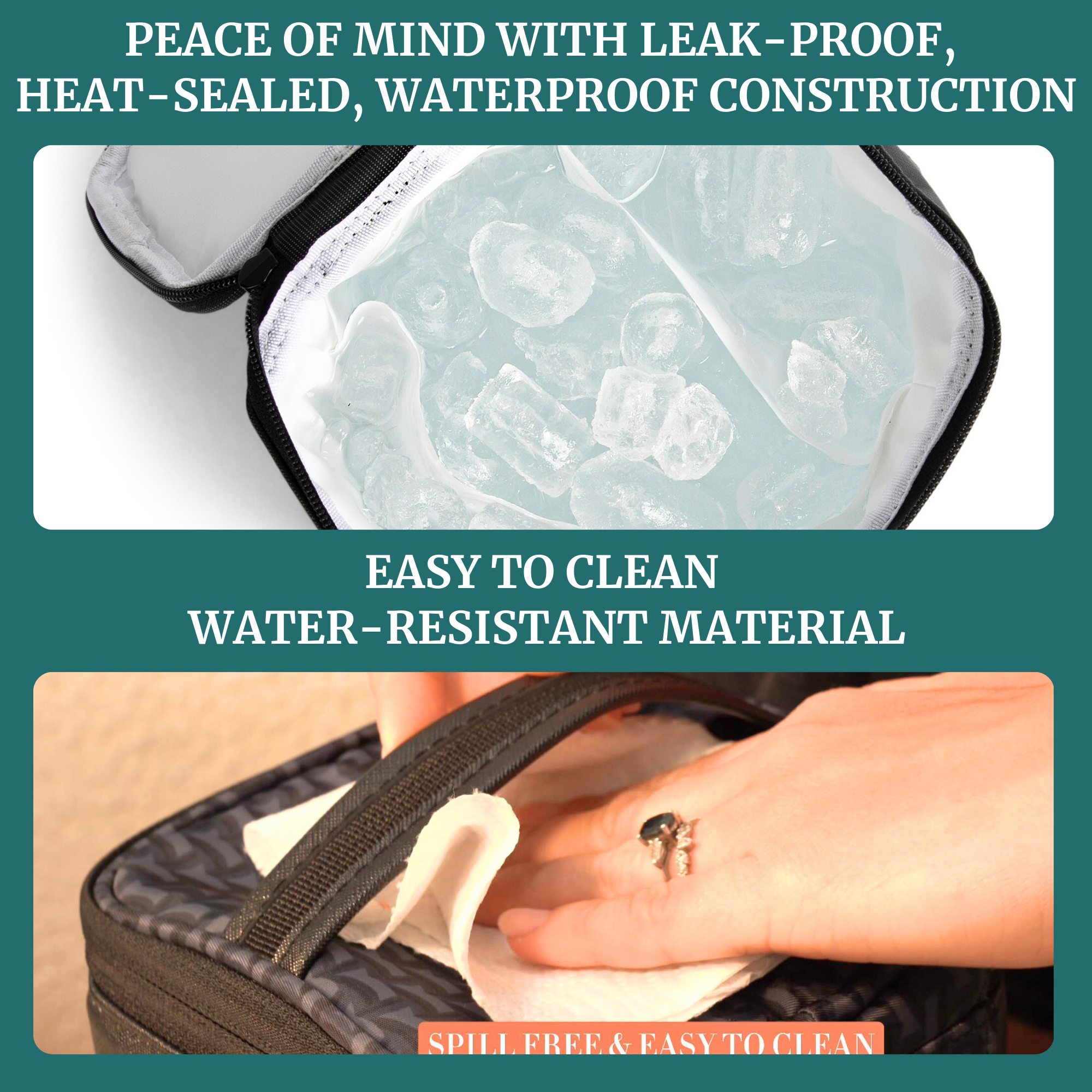 Breastmilk cooler bag with leak-proof waterproof construction and easy-to-clean water-resistant material.